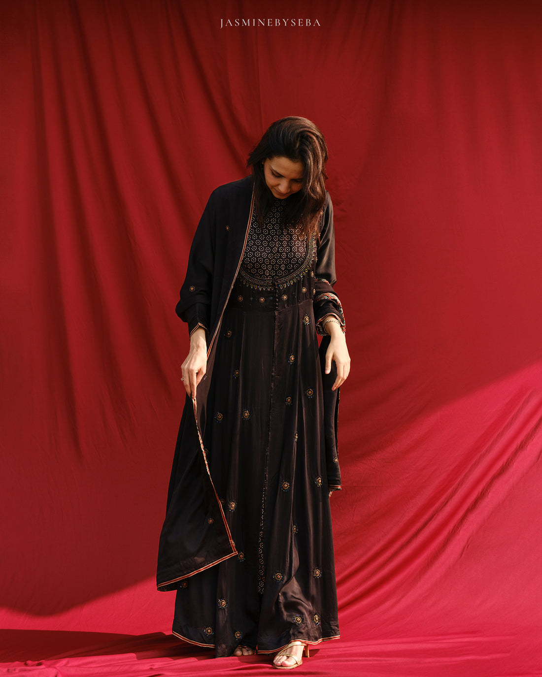 Ajrakh hand dyed hand block printed modal silk panel cut Anarkali set with cut bead handwork