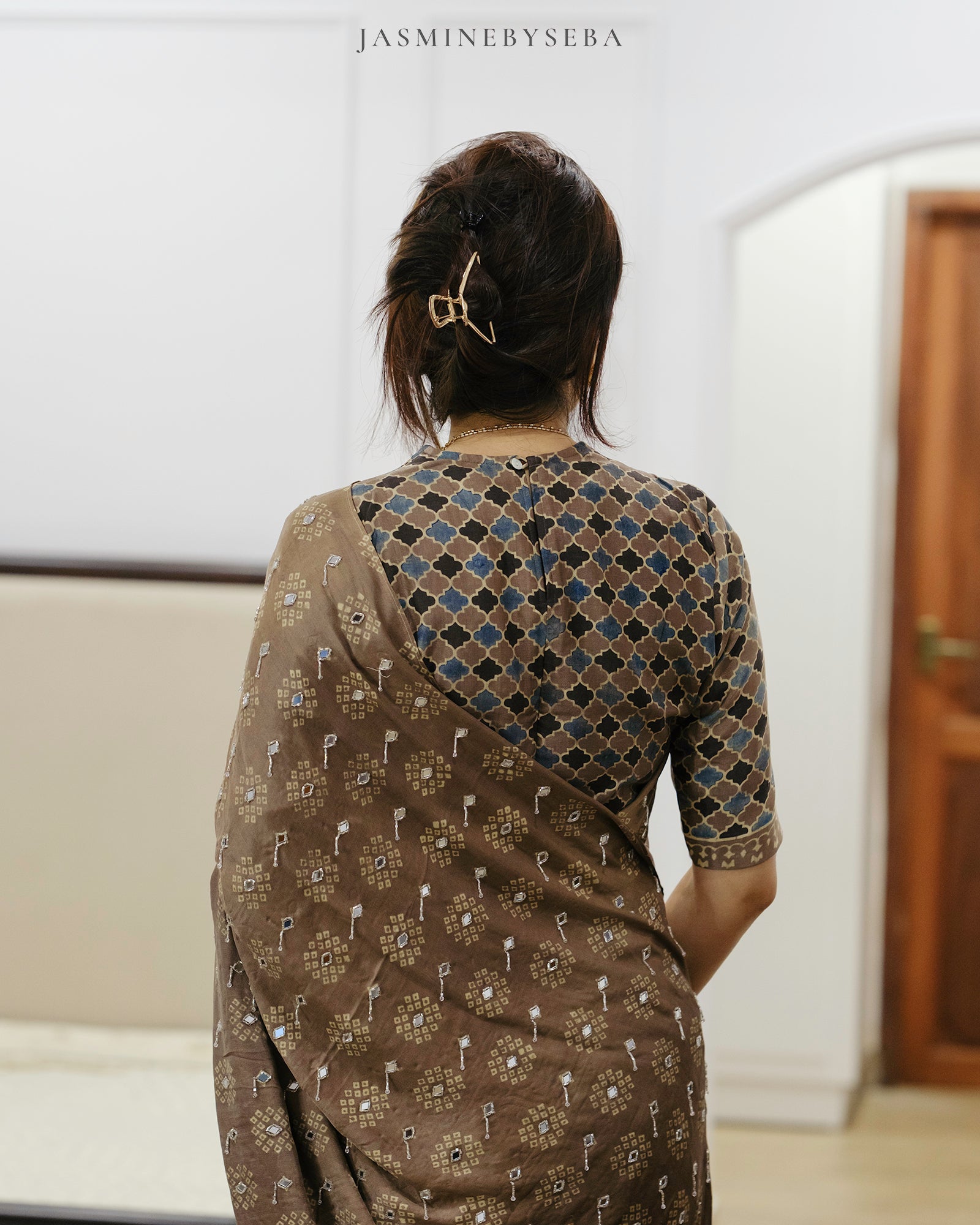 Ajrakh pure handloom gajji silk hand dyed, hand block printed and handworked saree