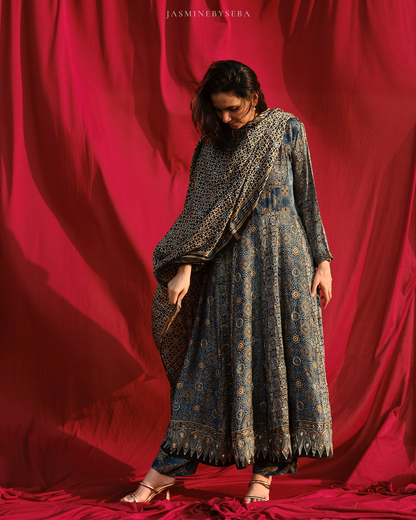 Ajrakh hand dyed hand block printed modal silk panel cut anarkali set with cut bead handwork