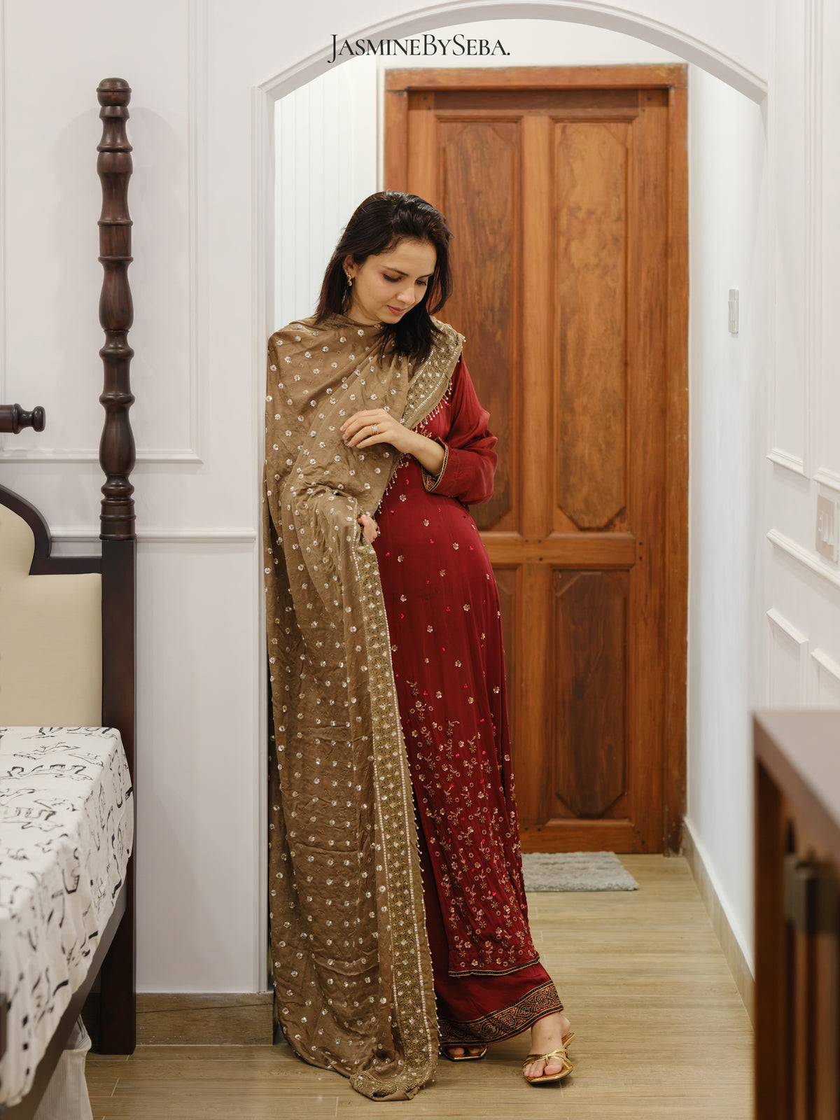 Ajrakh hand dyed hand block printed modal silk panel cut salwar set with cut bead handwork