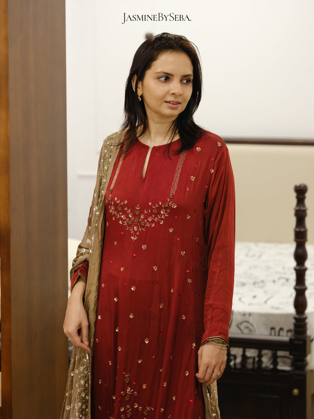 Ajrakh hand dyed hand block printed modal silk panel cut salwar set with cut bead handwork