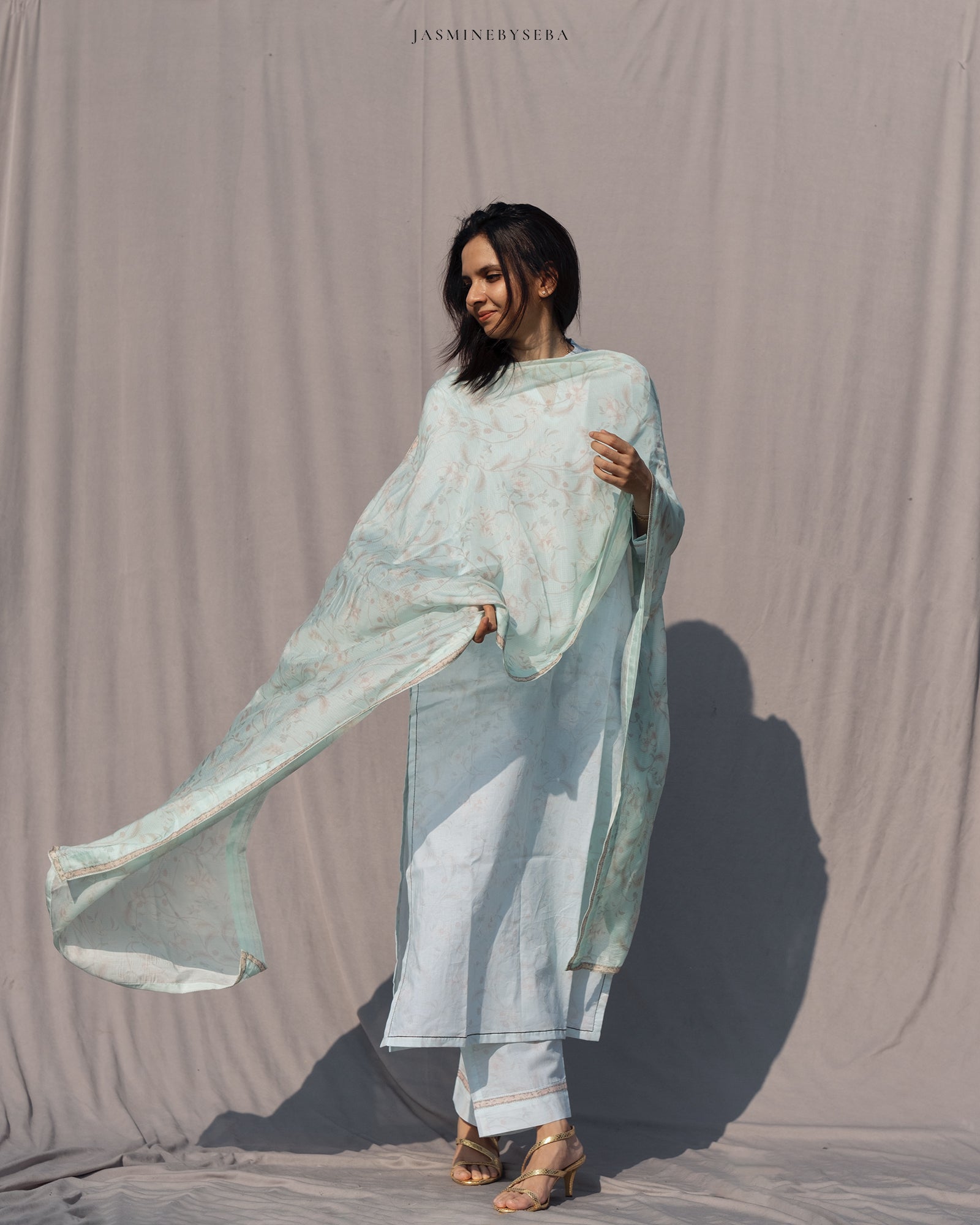 Jasmine in-house printed straight cut set in cotton lawn with modal silk dupatta