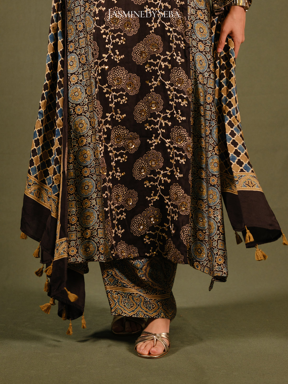 Ajrakh hand dyed hand block printed modal silk panel cut salwar set with cut bead handwork