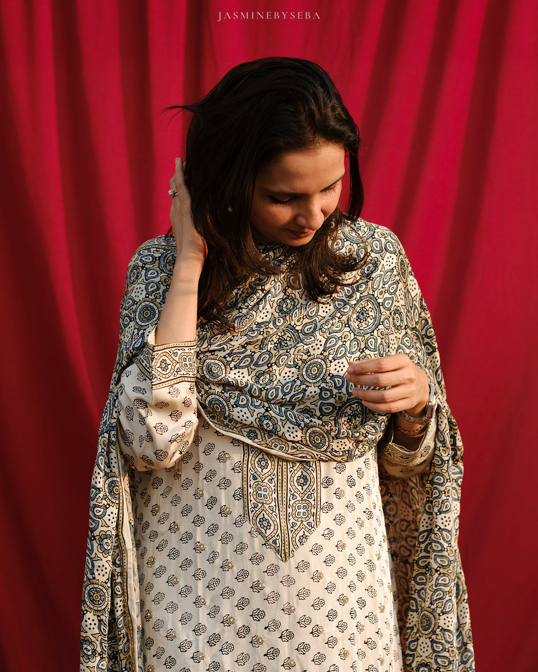 Ajrakh hand dyed hand block printed modal silk straight cut salwar set with cutbead handwork