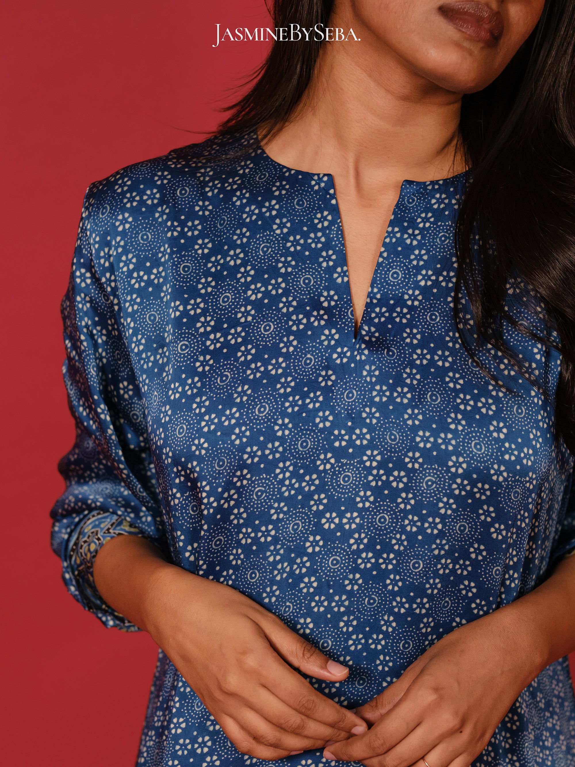 Ajrakh hand dyed hand block printed modal silk coord set