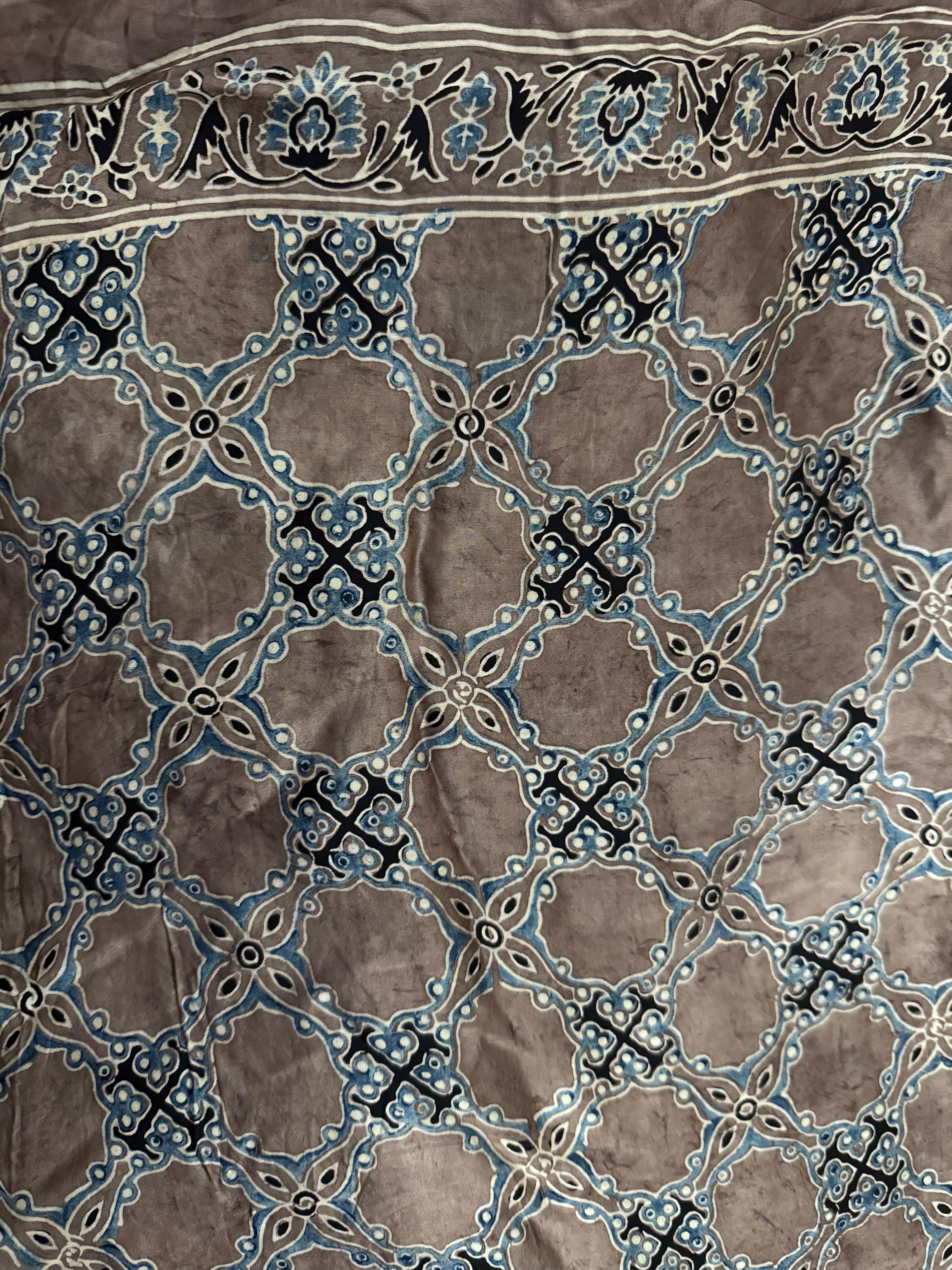 Ajrakh pure modal silk hand dyed, hand block printed and handworked saree