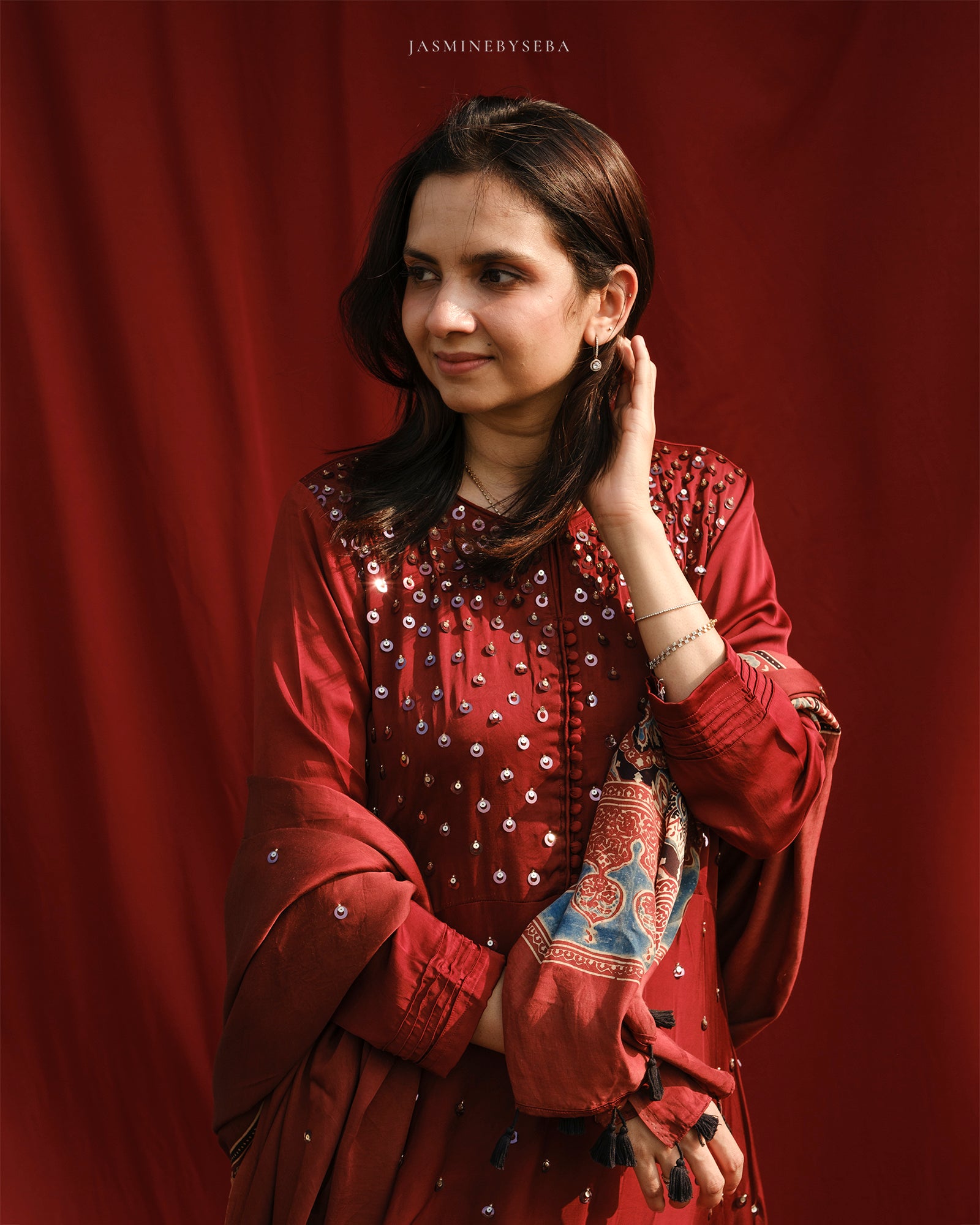 Ajrakh hand dyed hand block printed modal silk A line salwar set with cut bead handwork