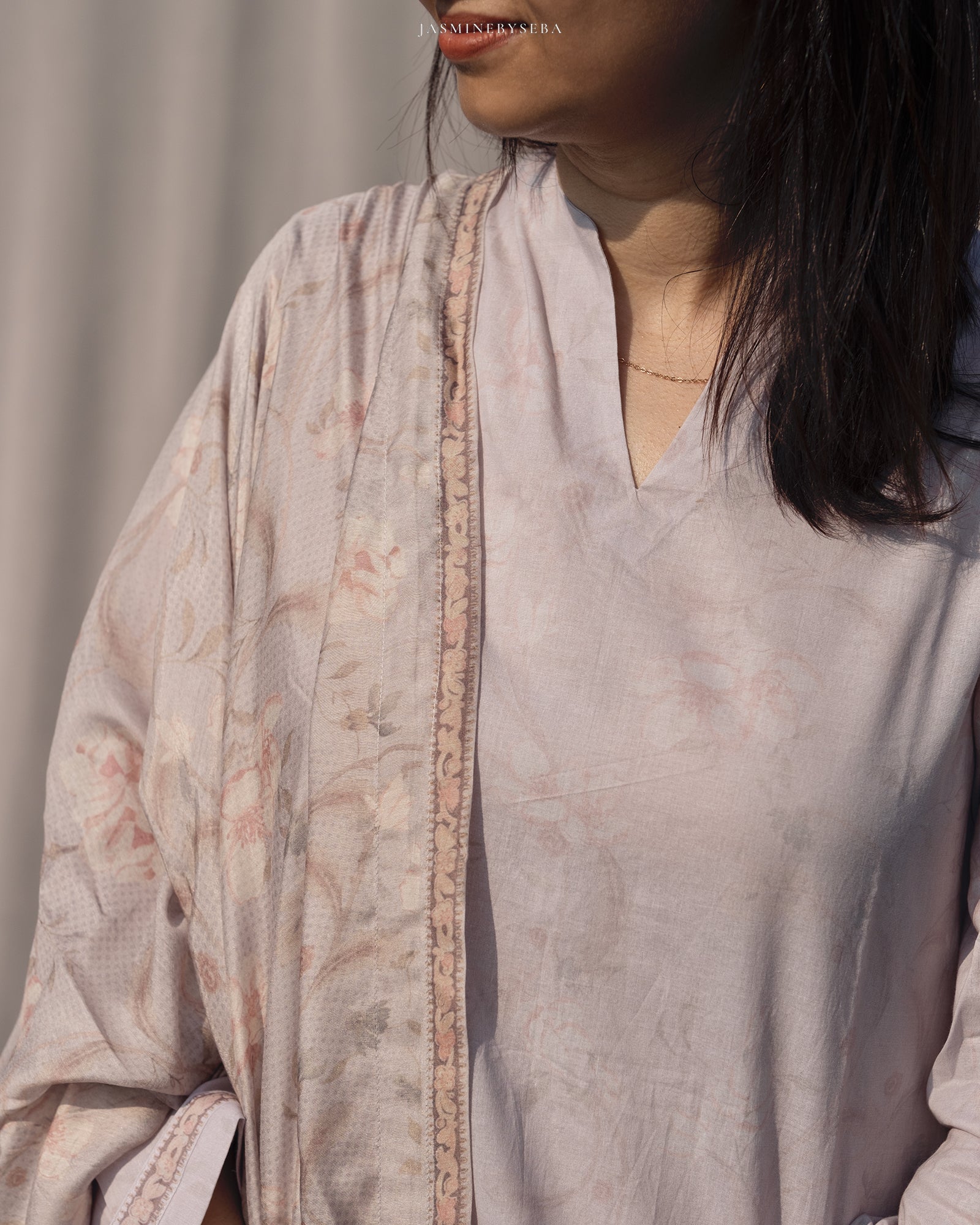 Jasmine in-house printed straight cut set in cotton lawn with modal silk dupatta