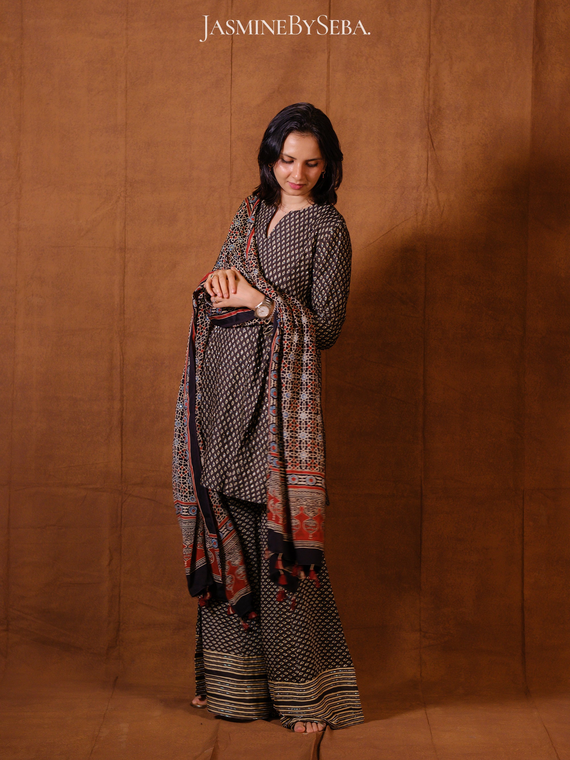Ajrakh hand dyed hand block printed modal silk sharara set with cut bead handwork