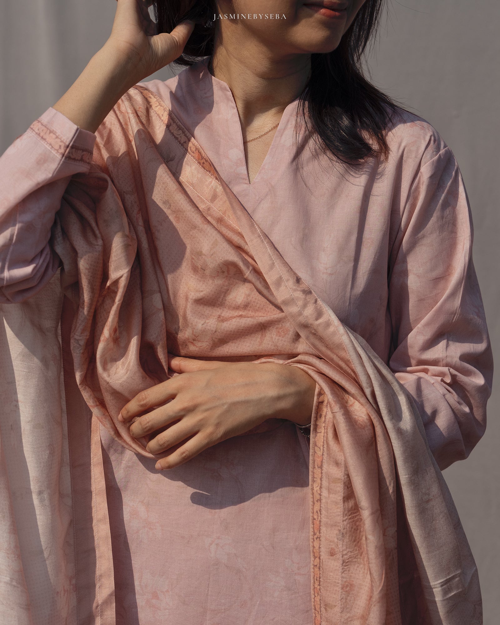 Jasmine in-house printed straight cut set in cotton lawn with modal silk dupatta