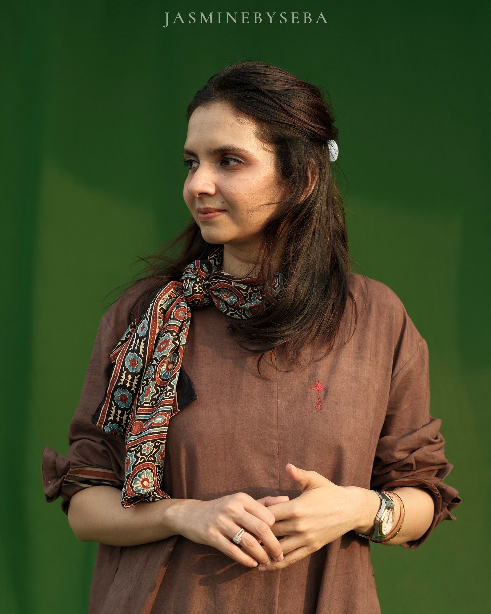 AJRAKH hand dyed hand block printed pure modal silk long scarf
