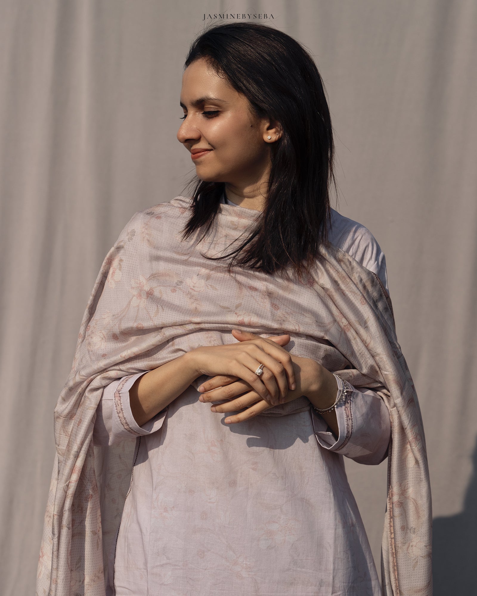 Jasmine in-house printed straight cut set in cotton lawn with modal silk dupatta