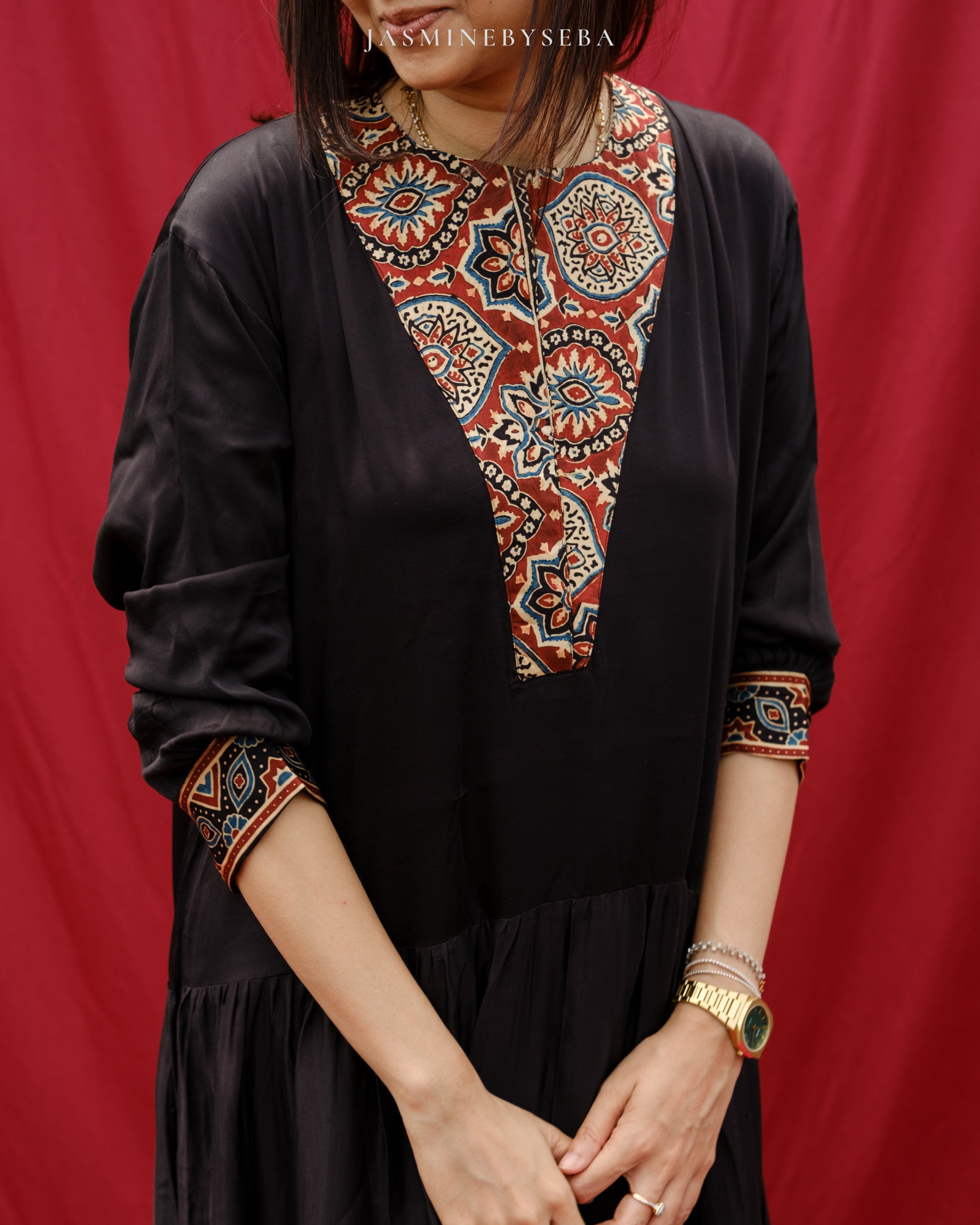Ajrakh hand dyed hand block printed modal silk maxi dress
