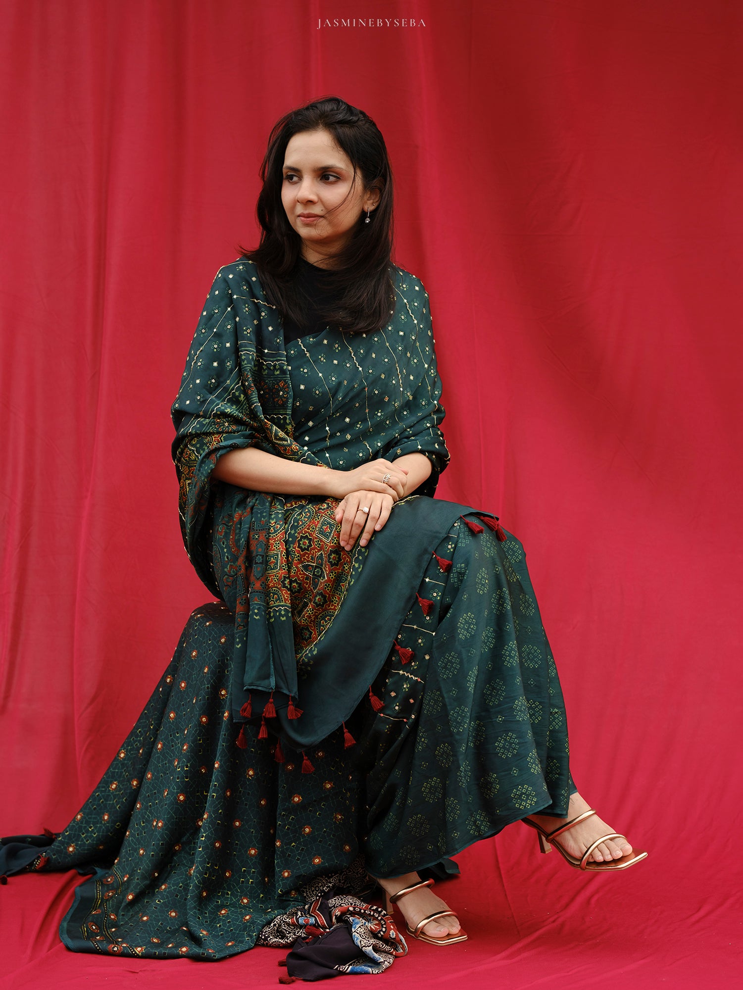 Ajrakh modal silk hand dyed, hand block printed and handworked saree