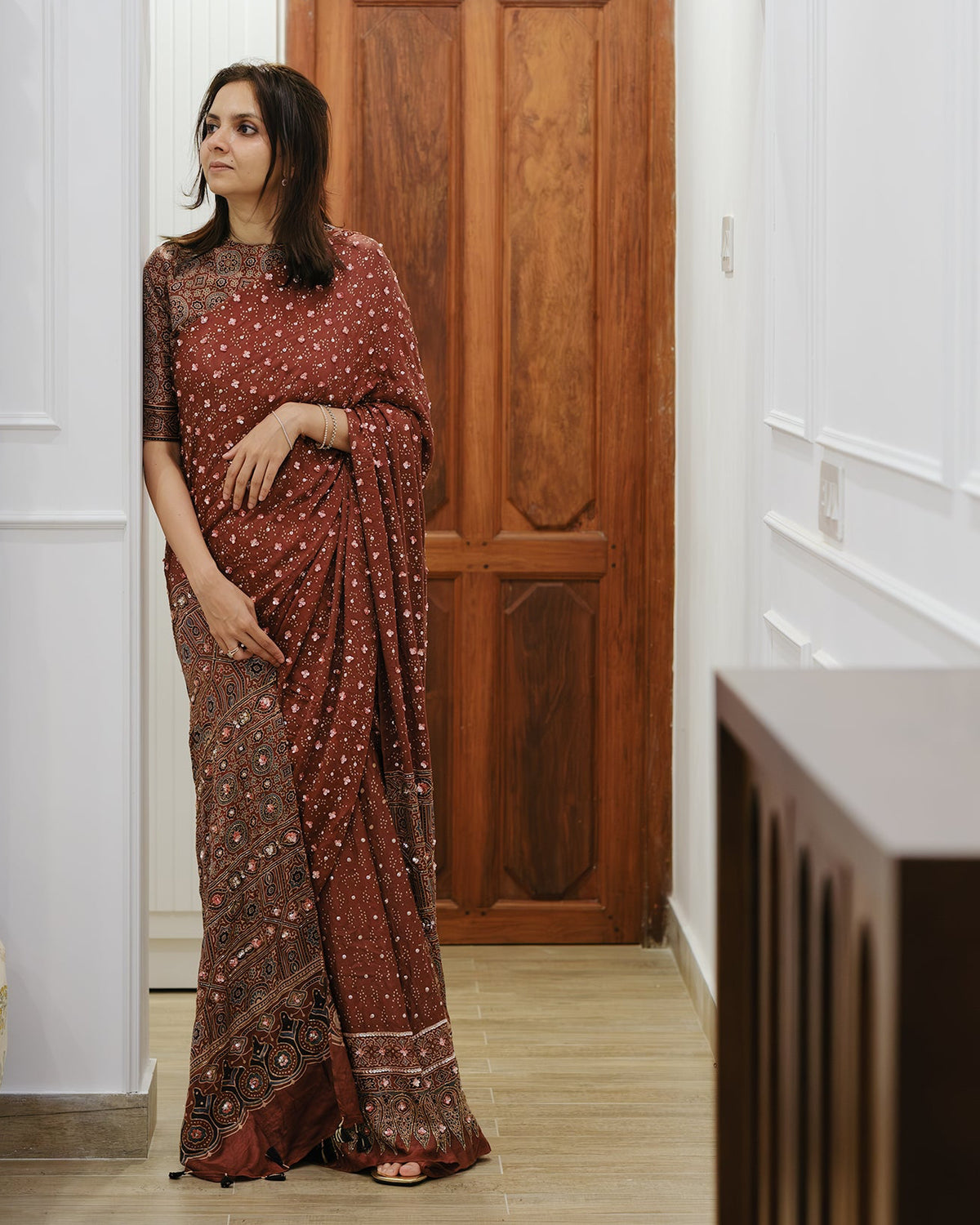 Ajrakh pure handloom gajji silk hand dyed, hand block printed and handworked saree