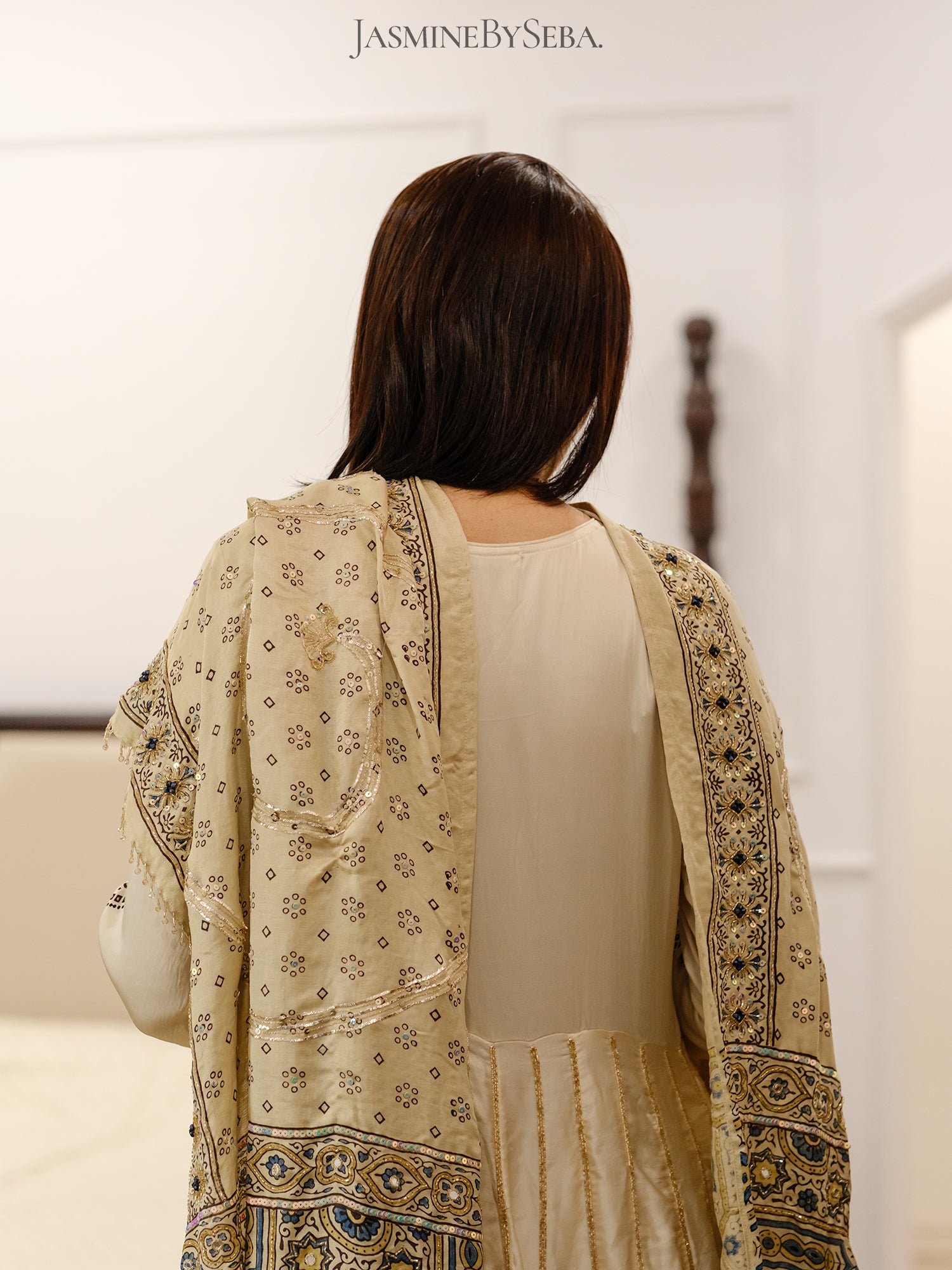 Custom made Ajrakh hand dyed hand block printed modal silk anarakali set with hand embroidry