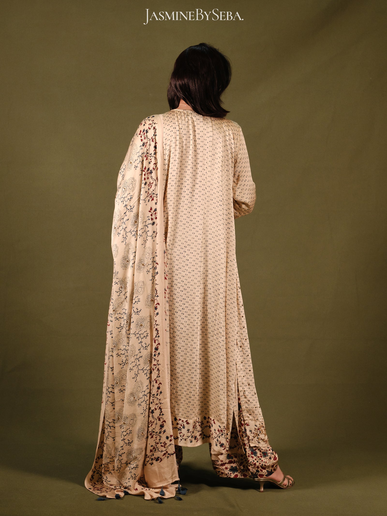 Ajrakh hand dyed hand block printed modal silk panel cut masakali set with cut bead handwork