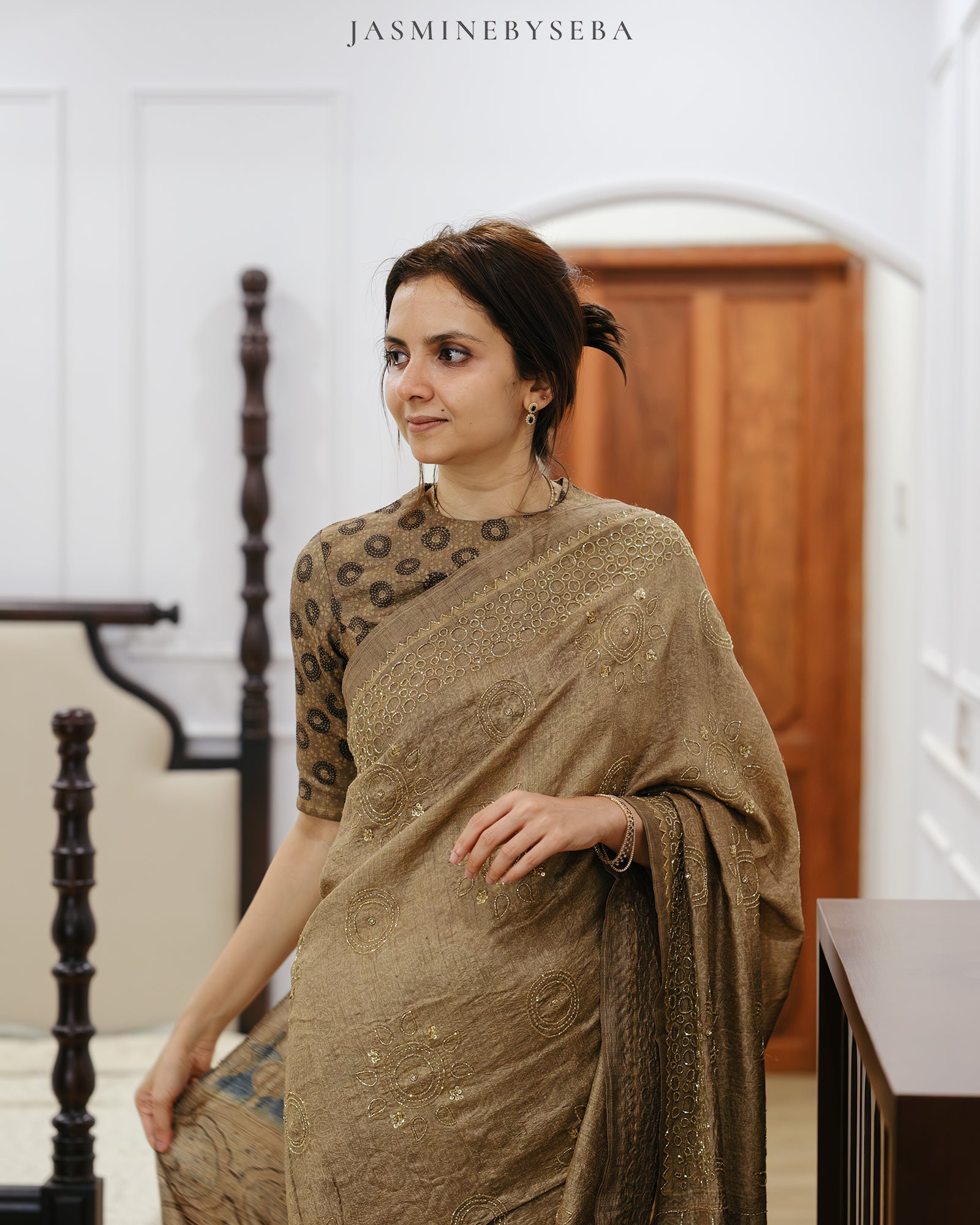 Ajrakh pure handloom tussar silk hand dyed, hand block printed and handworked saree