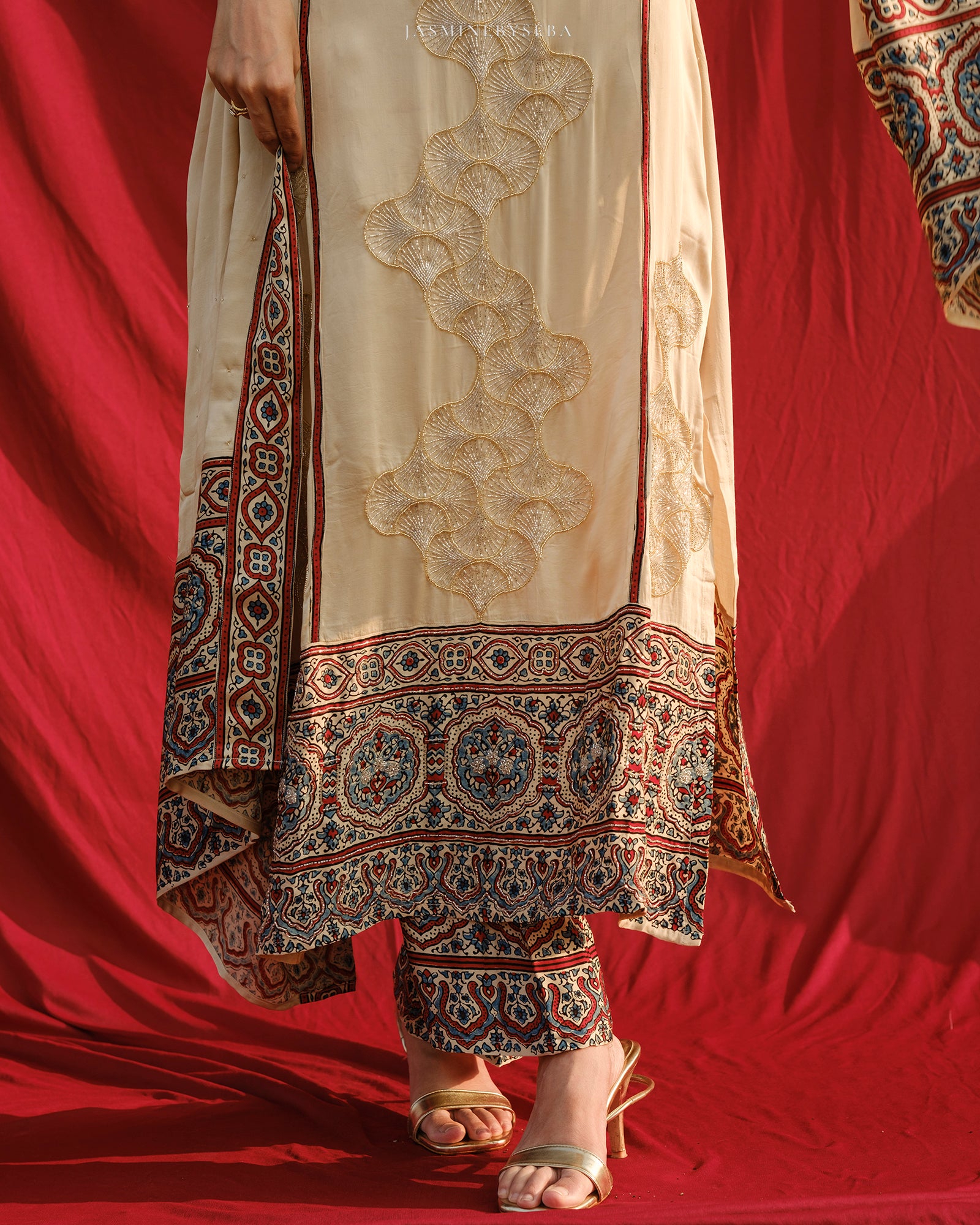 Ajrakh hand block printed modal silk straight cut salwar set with cutbead handwork