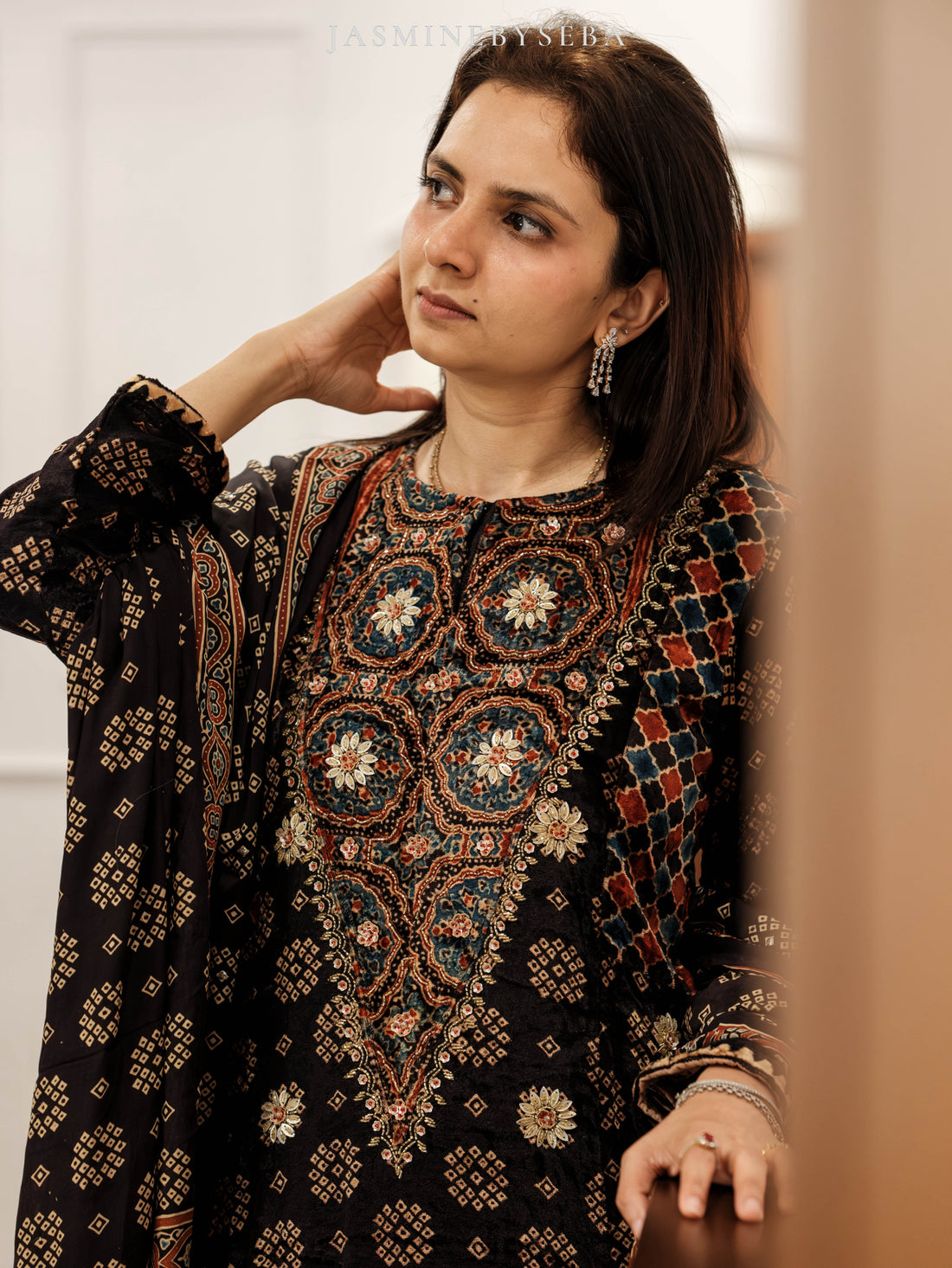 Ajrakh hand dyed hand block printed velvet silk panel cut salwar set with hand embroidry