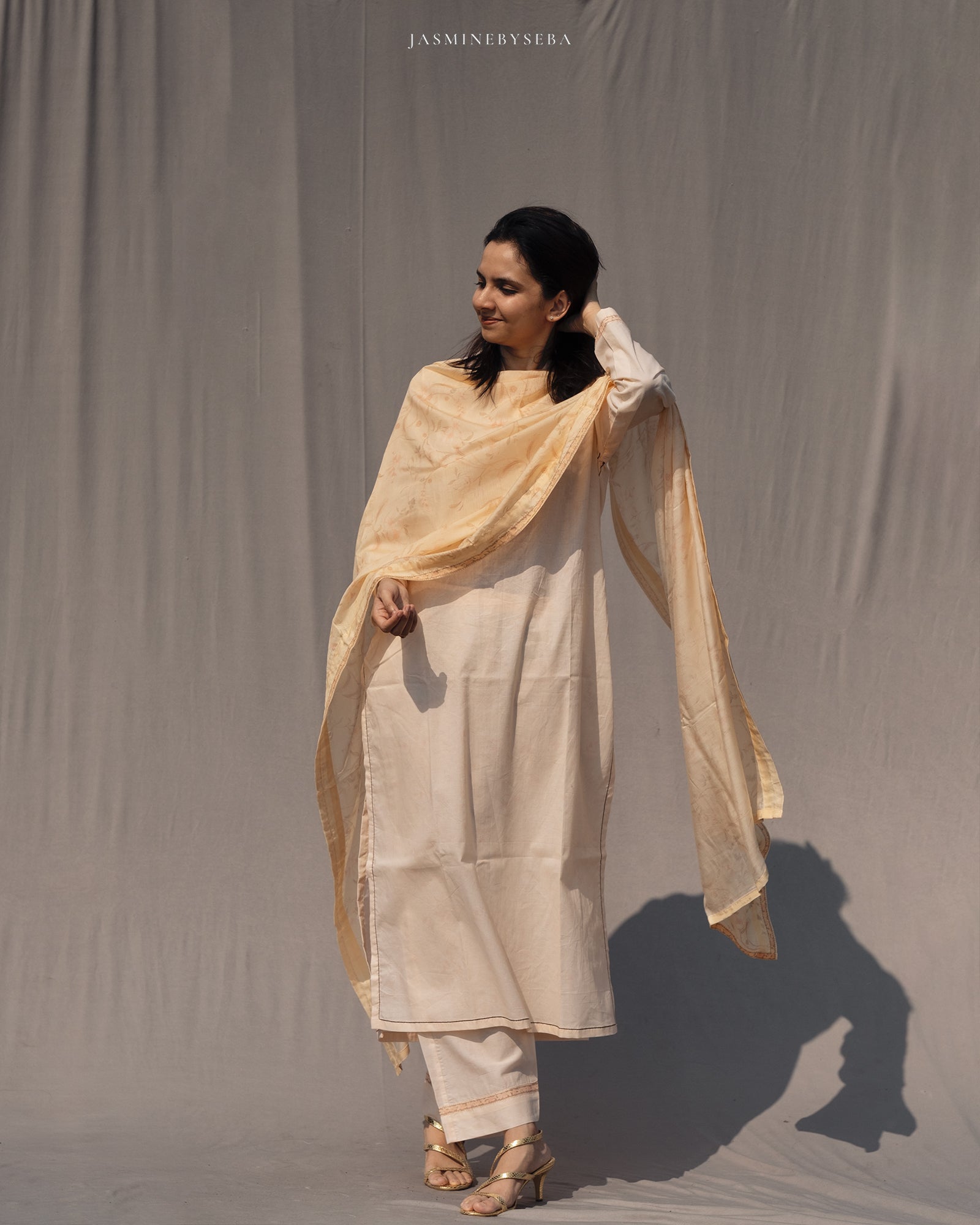 Jasmine in-house printed straight cut set in cotton lawn with modal silk dupatta