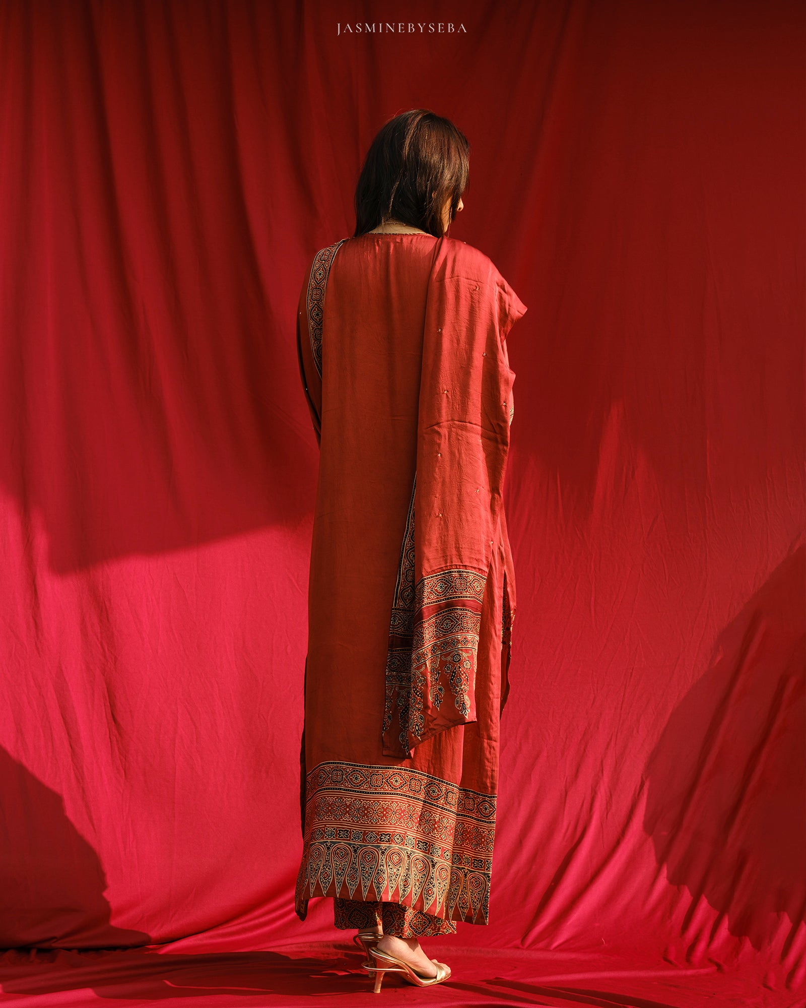 Ajrakh hand block printed modal silk straight cut salwar set with cutbead handwork