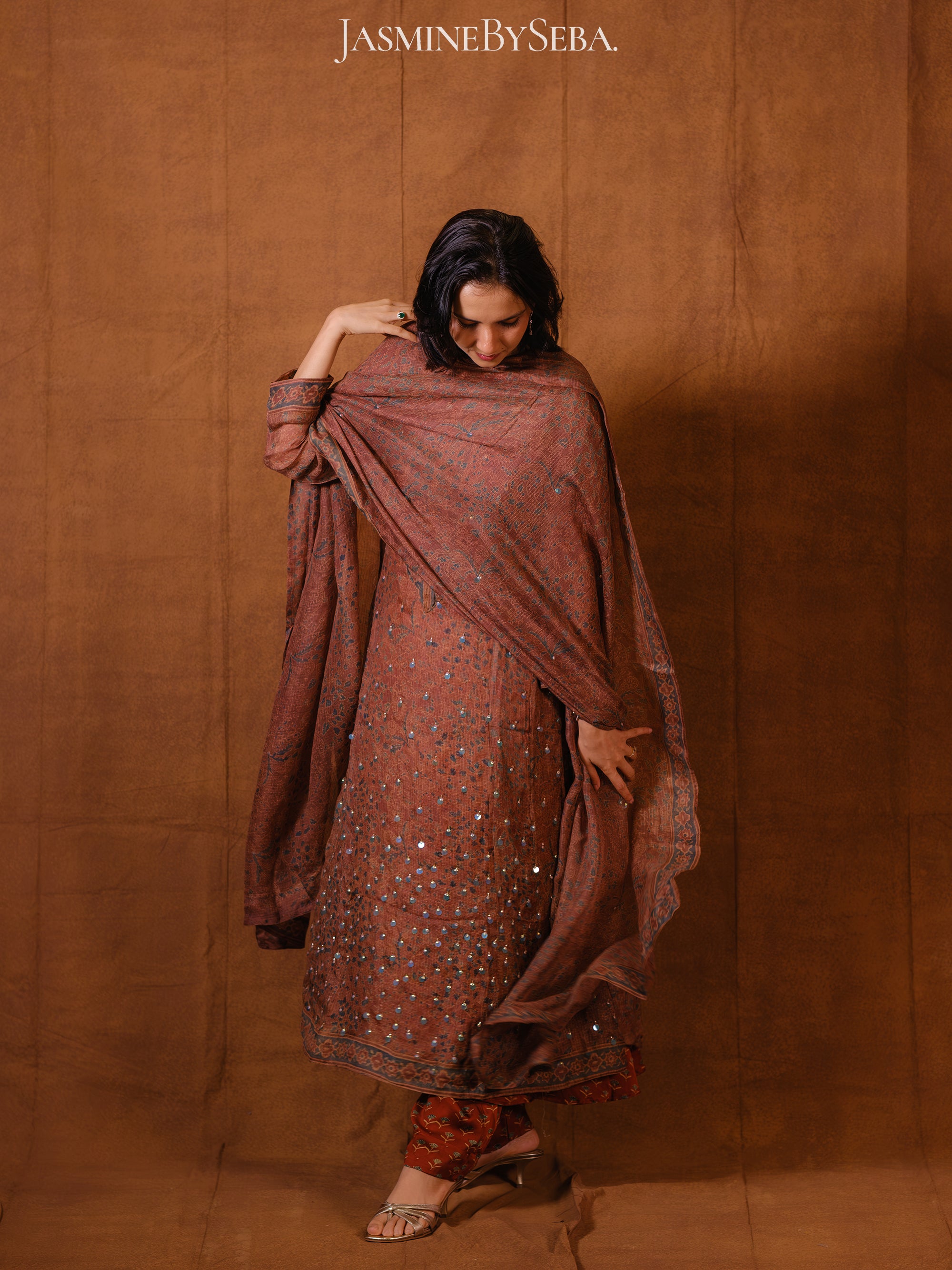 Ajrakh hand dyed hand block printed kota silk jacket set with cut bead handwork