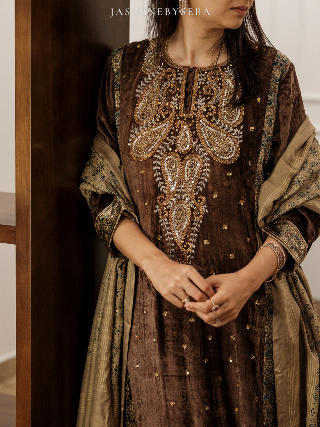 Ajrakh hand dyed hand block printed velvet silk salwar set with hand embroidry