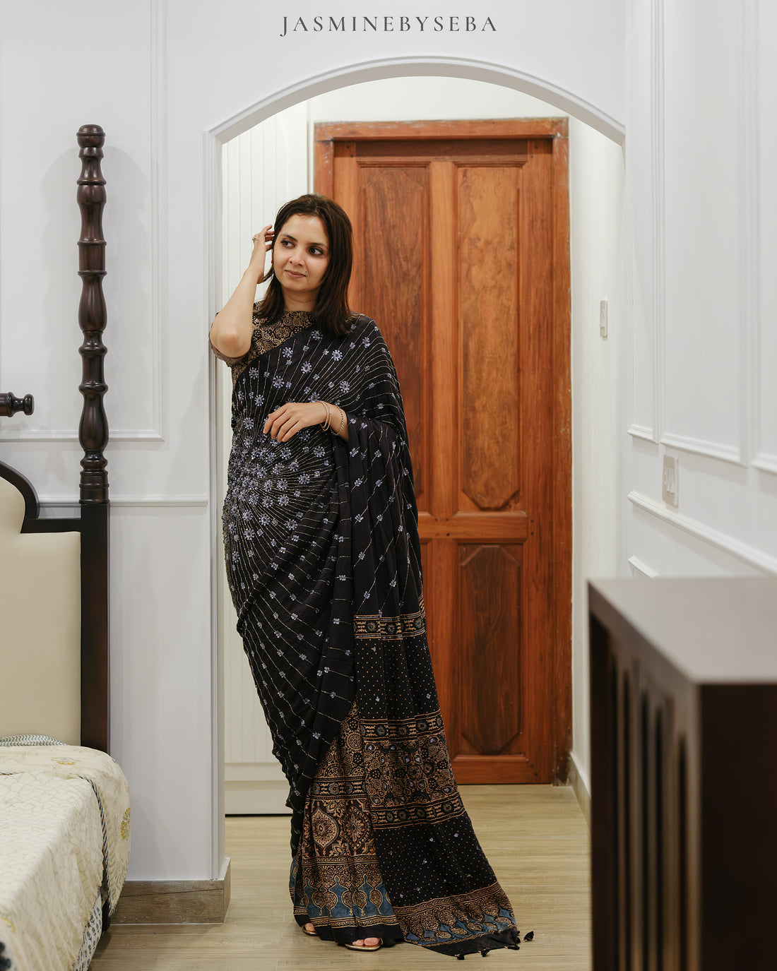 Ajrakh pure handloom gajji silk hand dyed, hand block printed and handworked saree