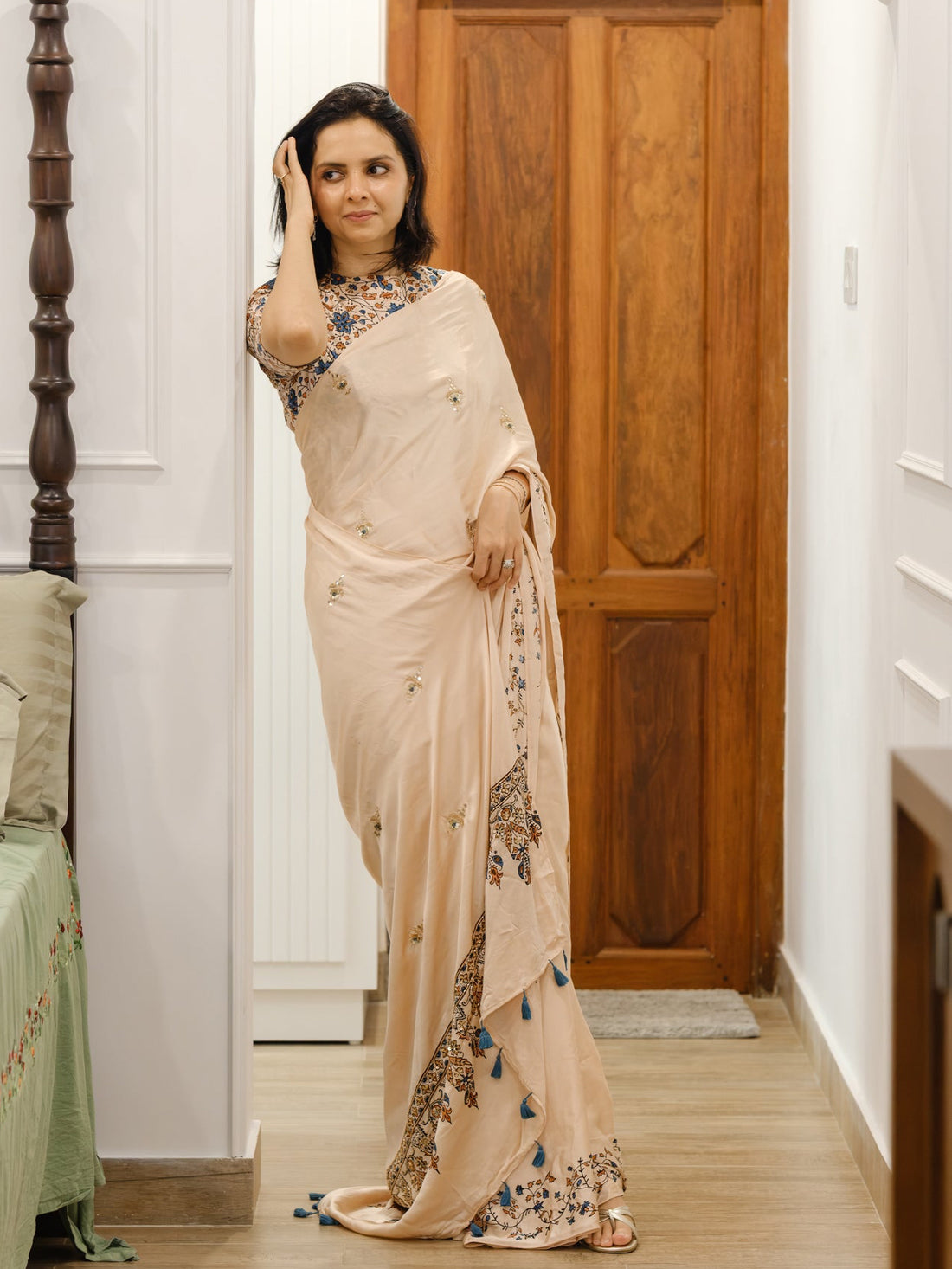Bespoke ‘Jasmine’ hand printed
Ajrakh pure modal silk hand dyed, hand block printed and handworked saree