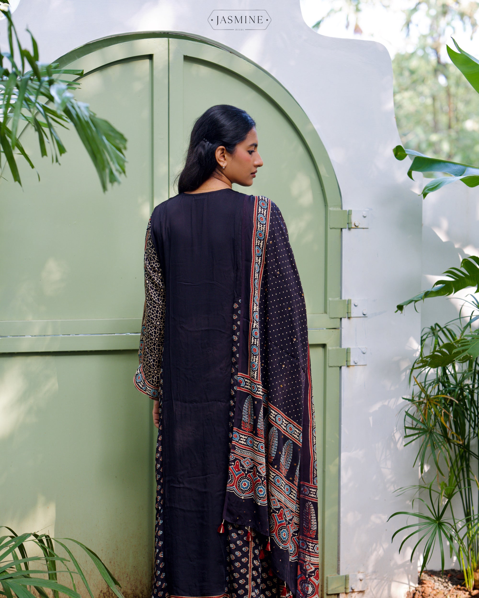 Ajrakh hand block printed modal silk A line salwar set with zardosi handwork