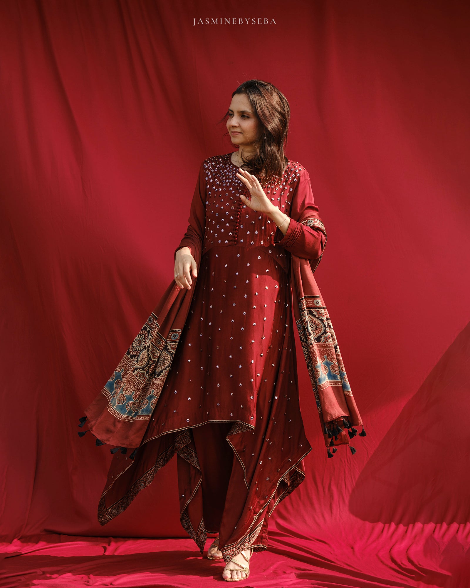 Ajrakh hand dyed hand block printed modal silk A line salwar set with cut bead handwork