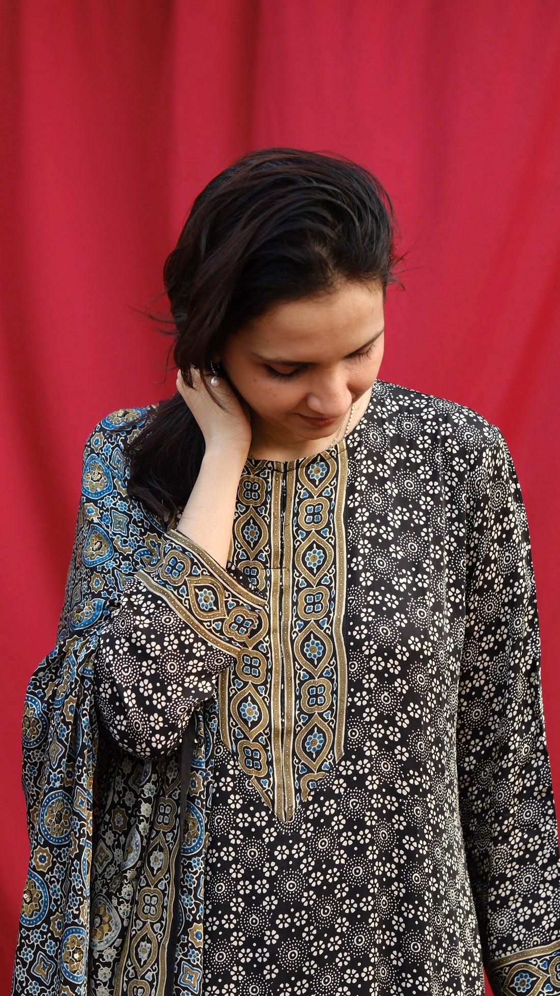 Ajrakh hand dyed hand block printed modal silk straight cut salwar set with cutbead handwork