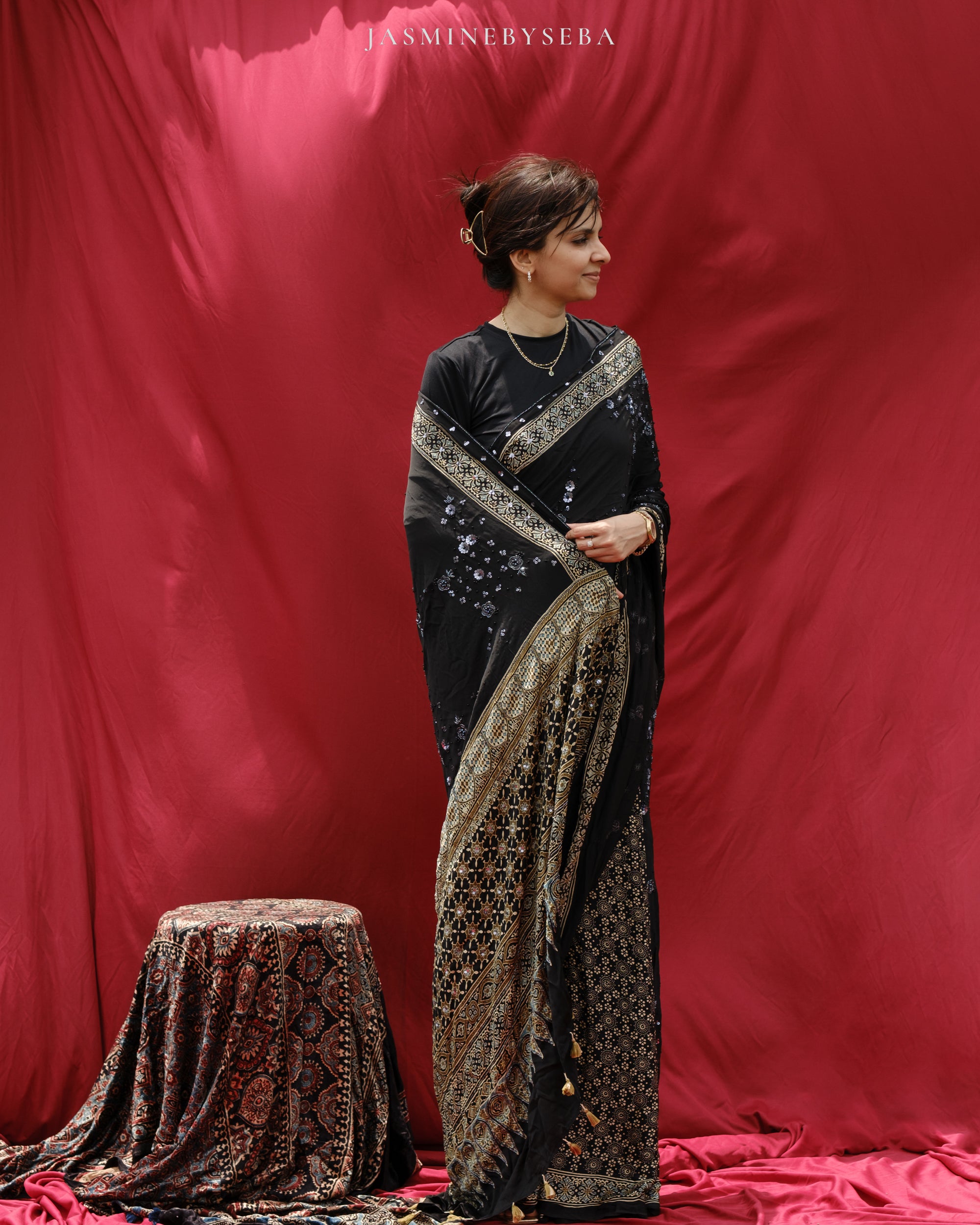 Ajrakh pure modal silk hand dyed, hand block printed and handworked saree