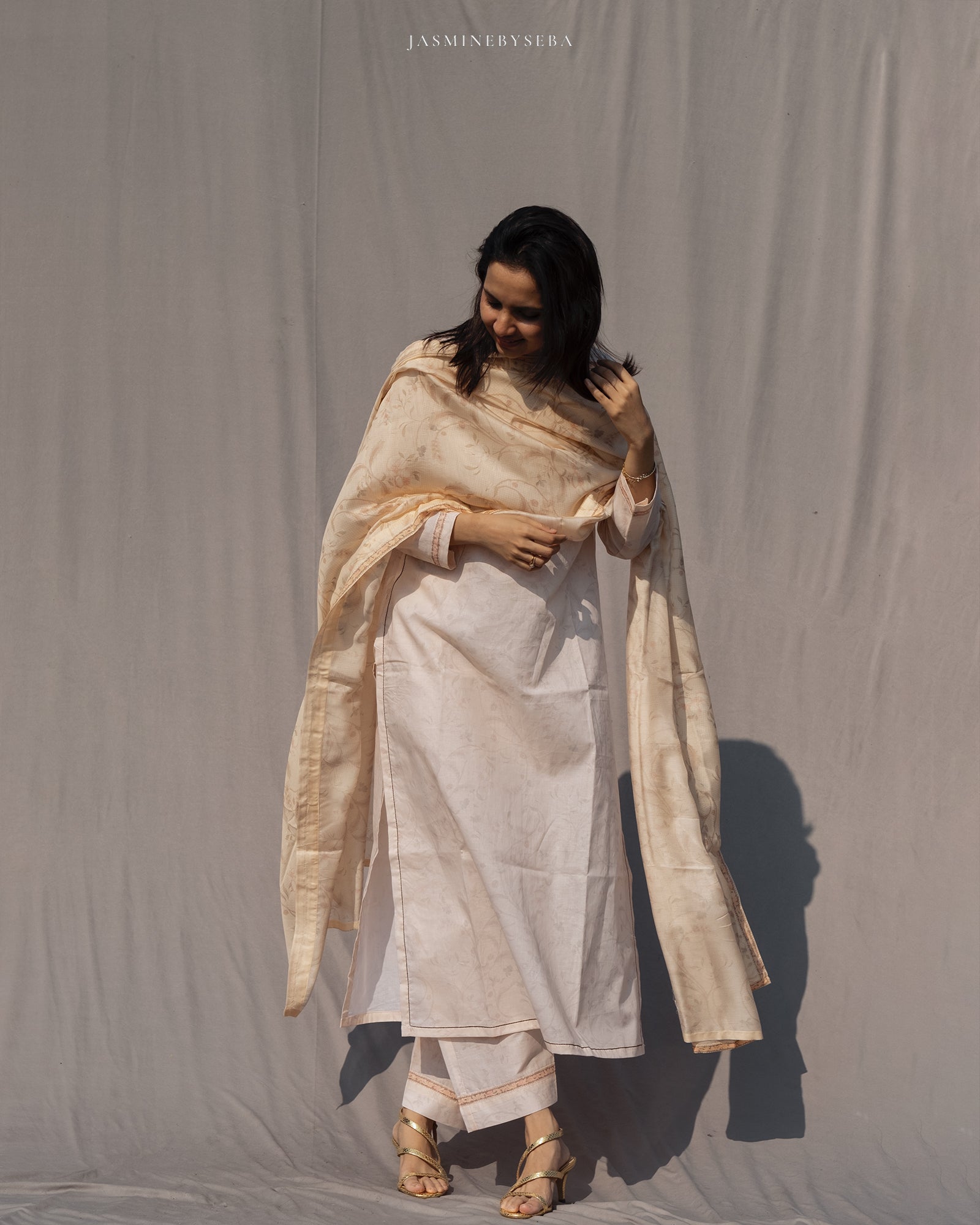 Jasmine in-house printed straight cut set in cotton lawn with modal silk dupatta