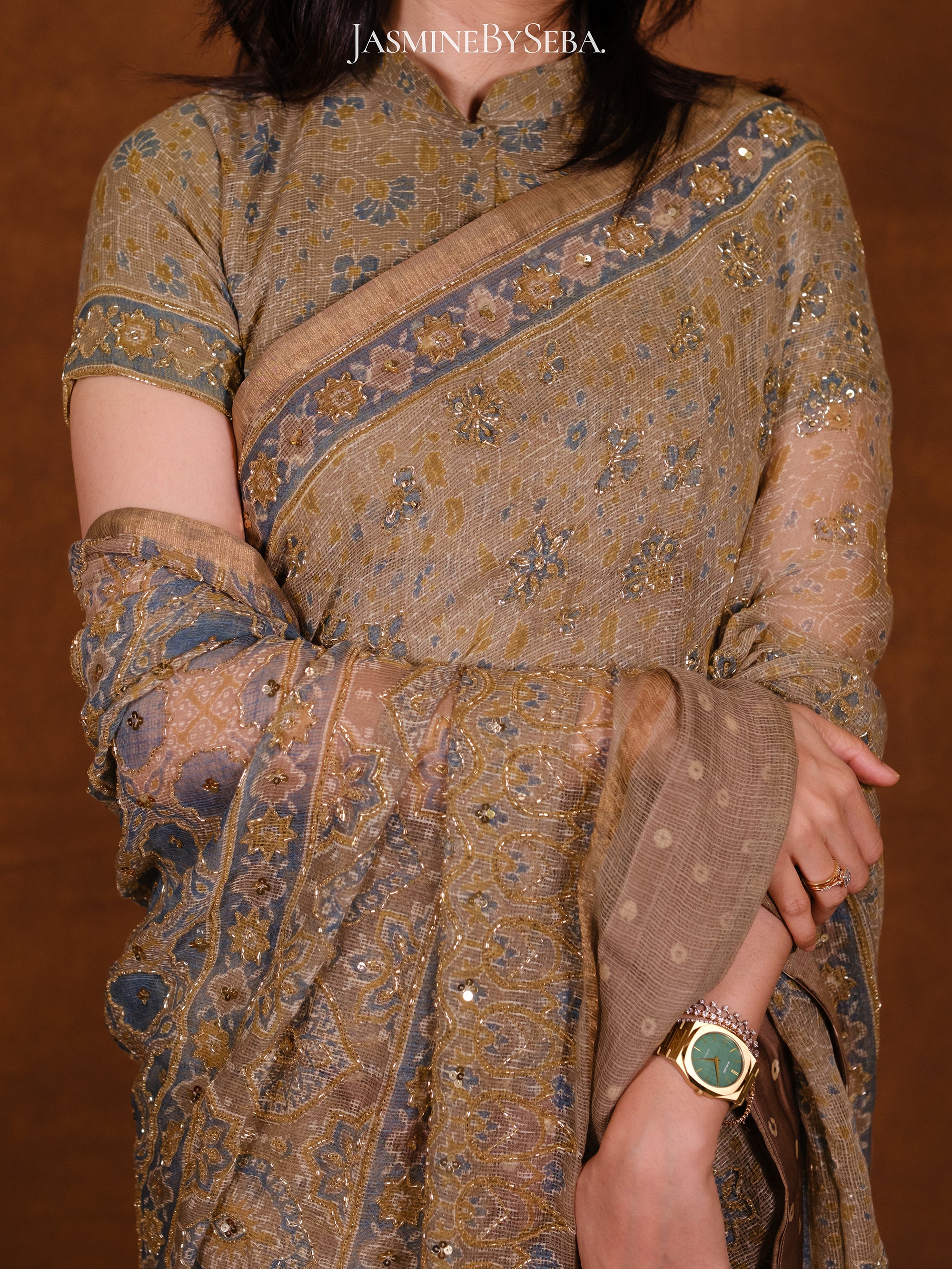 Ajrakh pure kota doria hand dyed, hand block printed and handworked saree