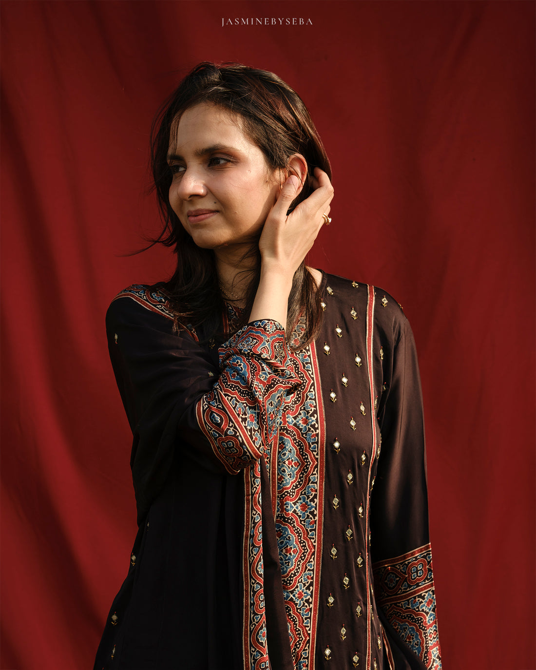 Ajrakh hand block printed modal silk straight cut salwar set with cutbead handwork