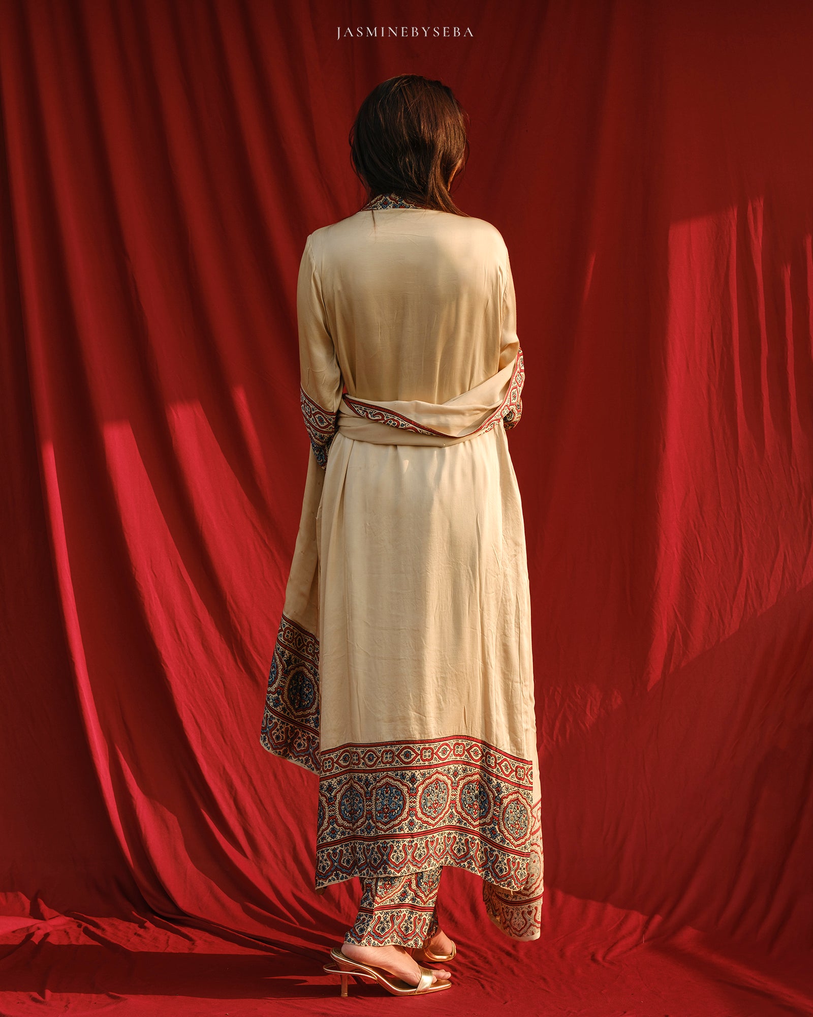 Ajrakh hand block printed modal silk straight cut salwar set with cutbead handwork