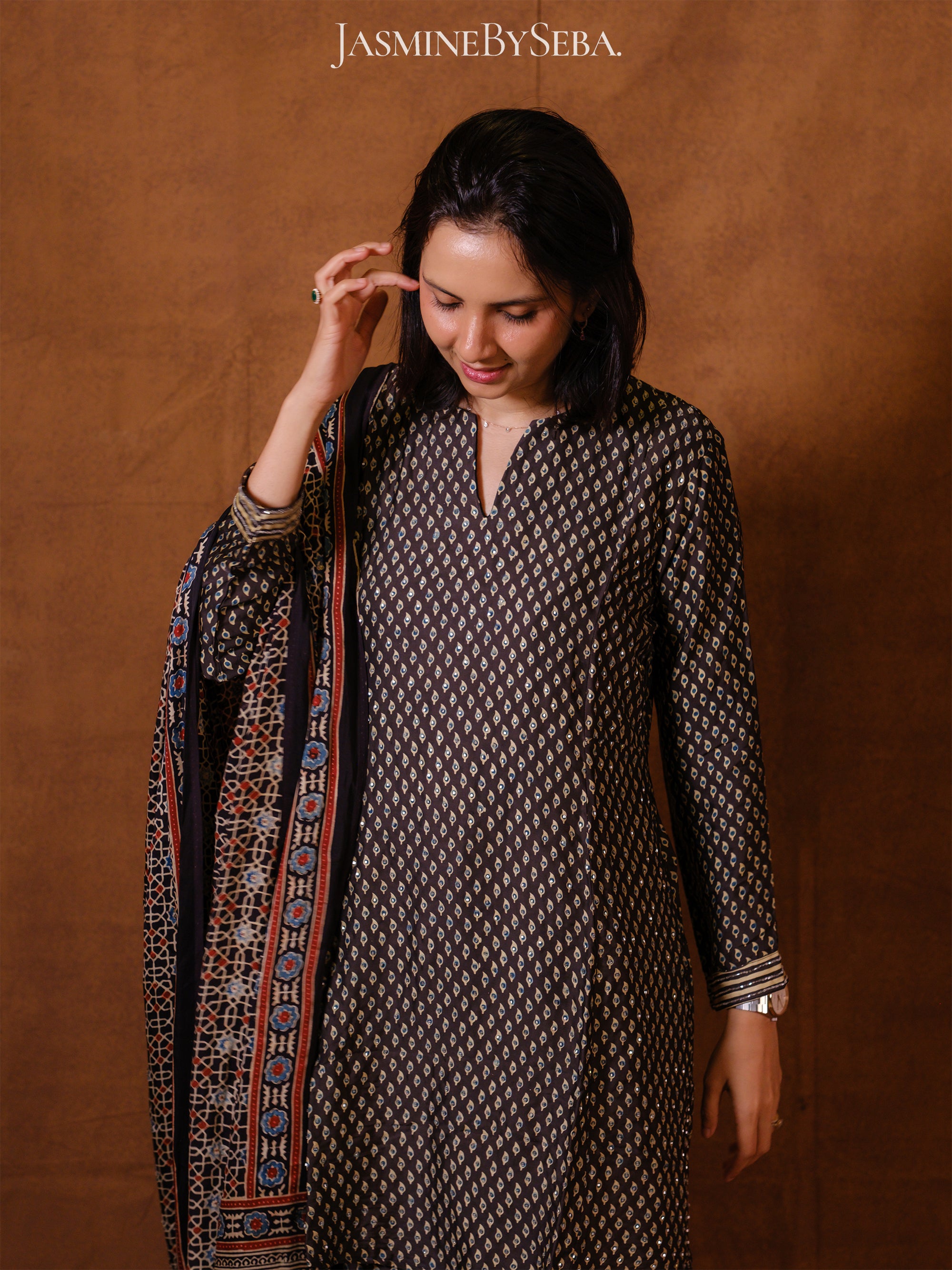 Ajrakh hand dyed hand block printed modal silk sharara set with cut bead handwork