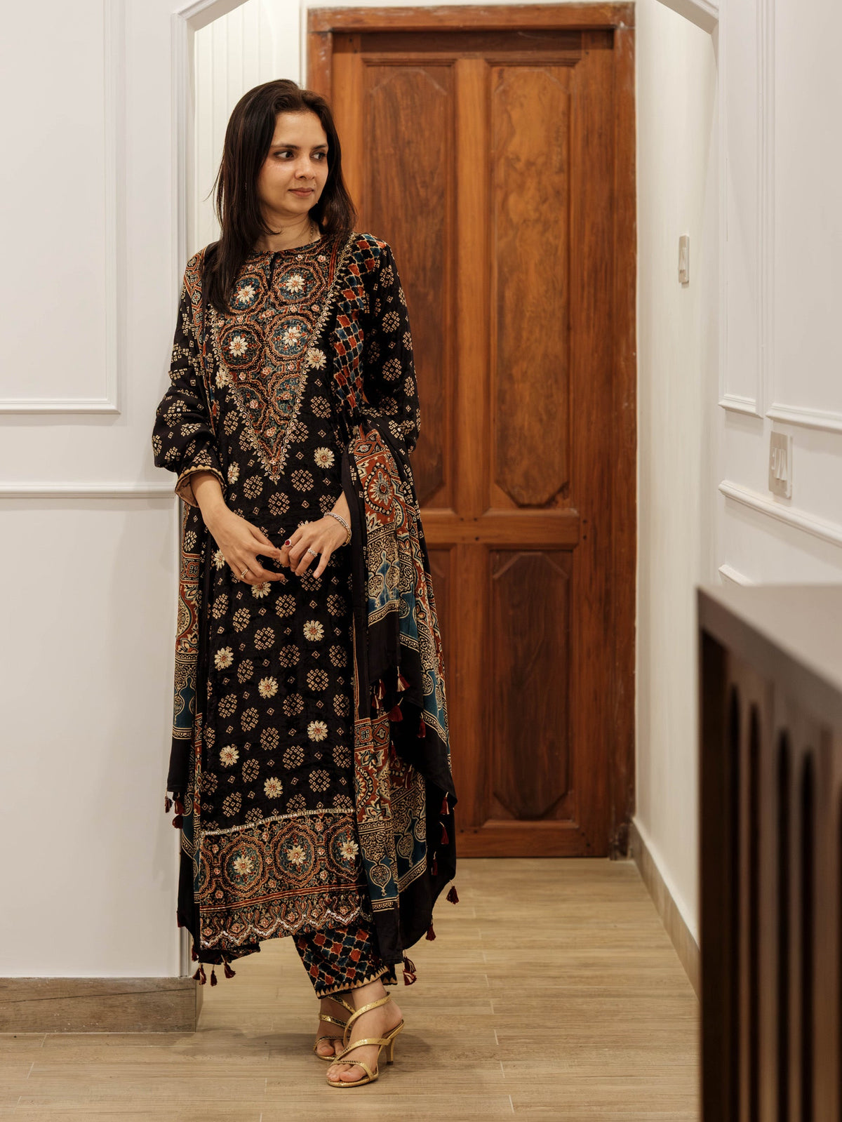 Ajrakh hand dyed hand block printed velvet silk panel cut salwar set with hand embroidry