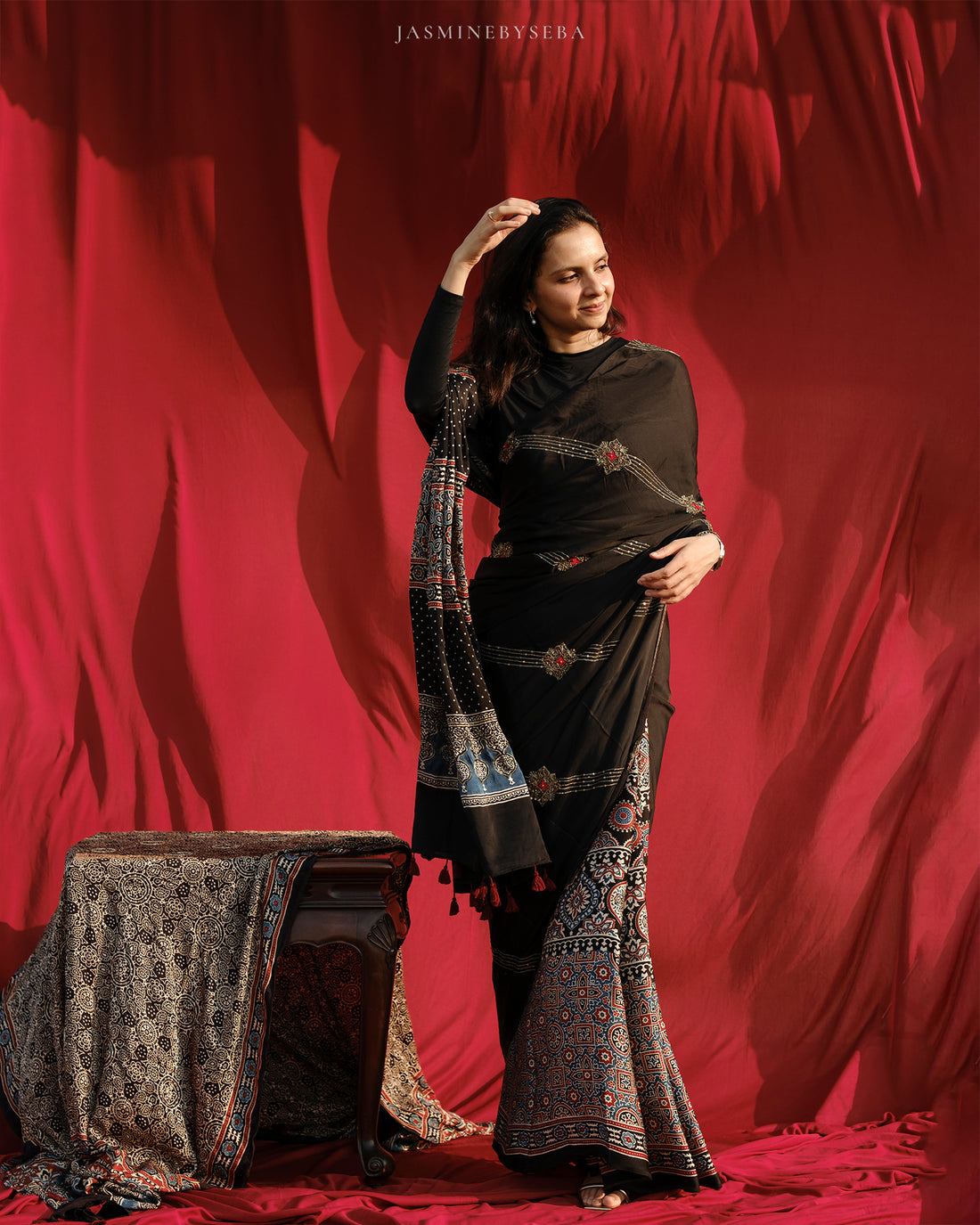 Ajrakh modal silk hand dyed, hand block printed and handworked saree with modal silk handworked dupatta