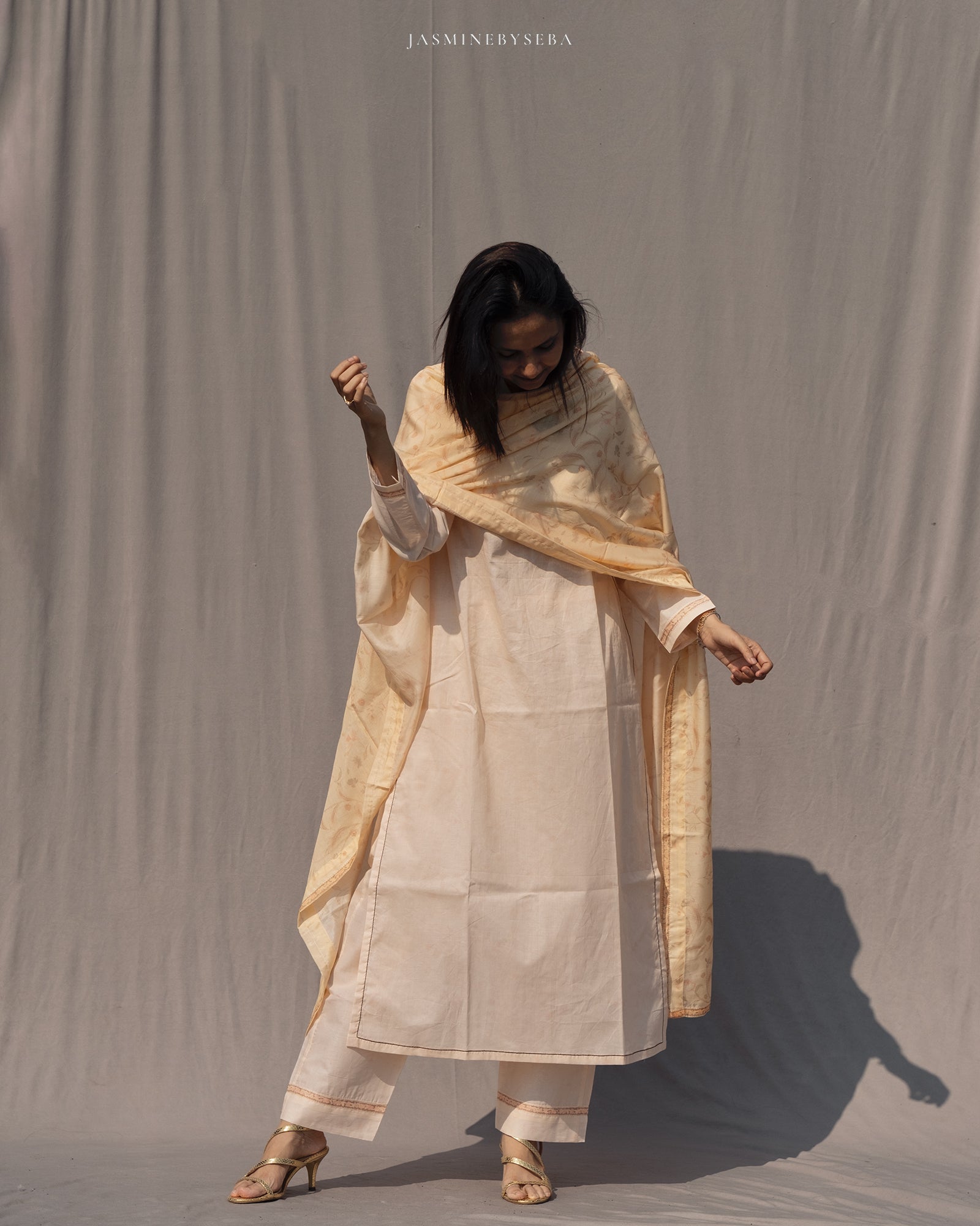 Jasmine in-house printed straight cut set in cotton lawn with modal silk dupatta