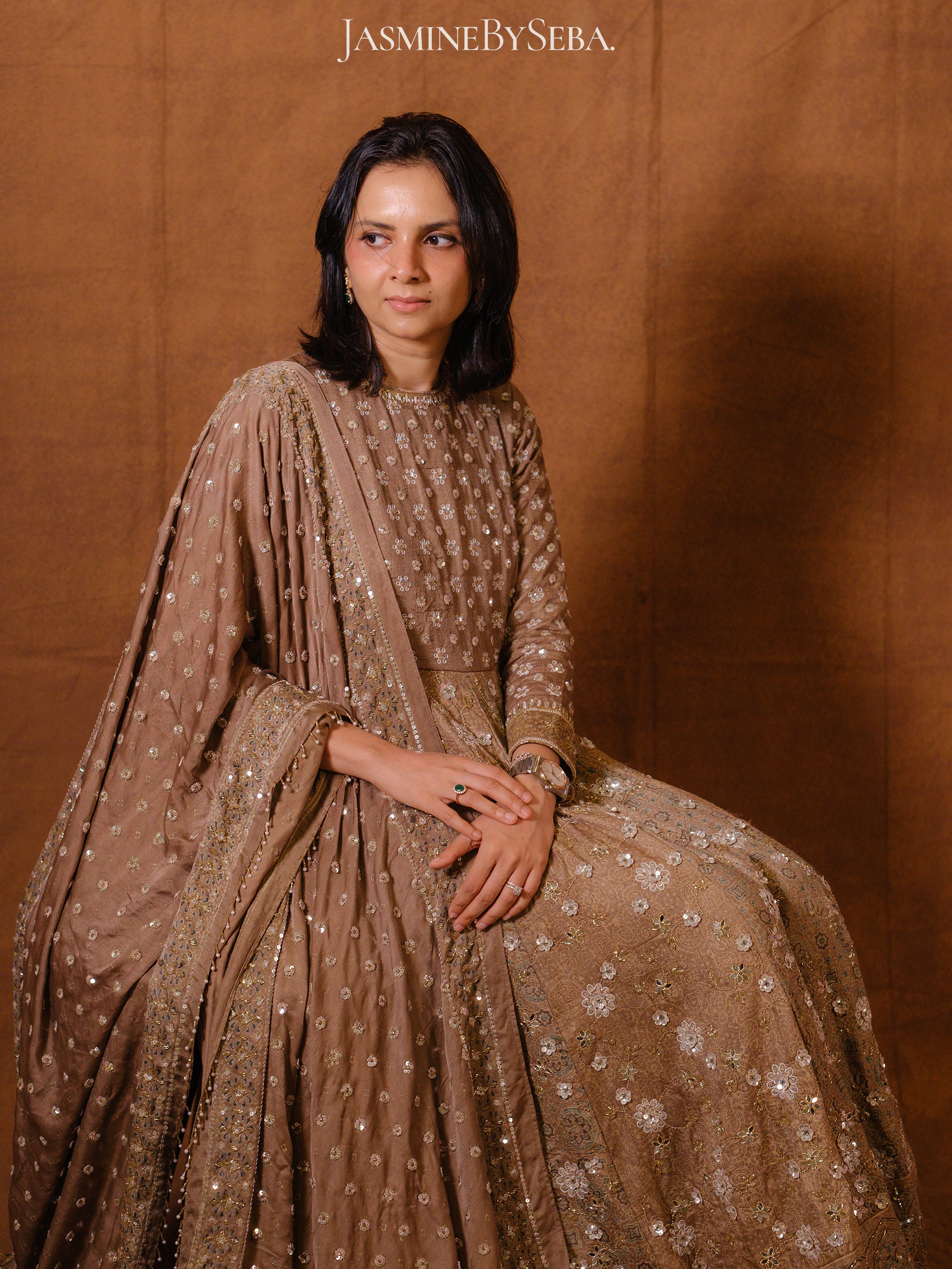 Custom made Ajrakh handcrafted handloom Tusshar silk bridal anarkali set with pure handloom gajji silk dupatta detailed out with hand embroidry