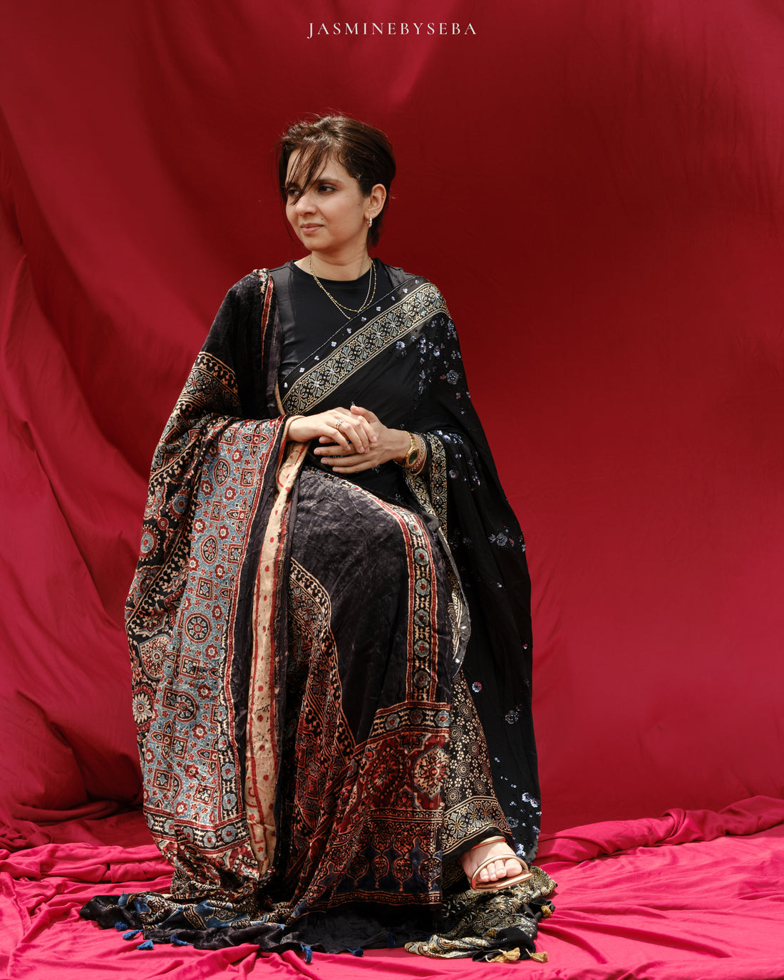 AJRAKH hand dyed hand block printed pure velvet silk long scarf