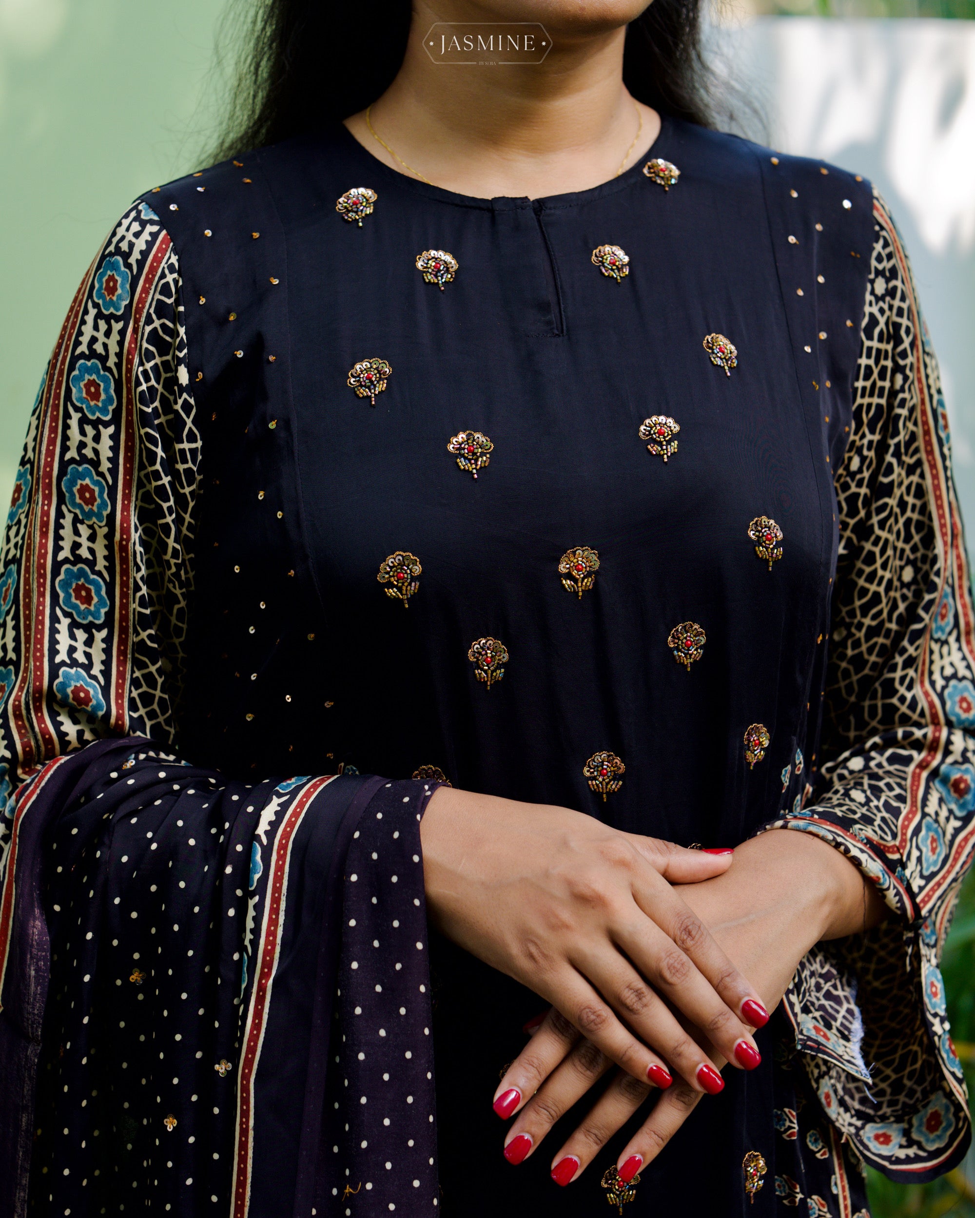 Ajrakh hand block printed modal silk A line salwar set with zardosi handwork