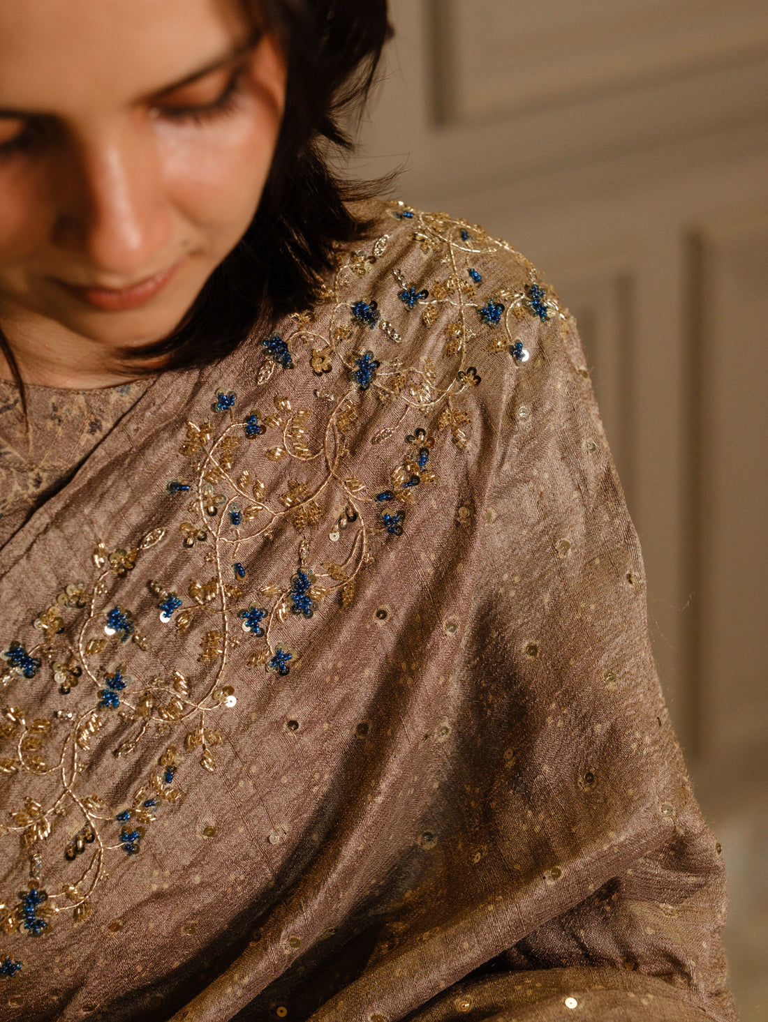 Ajrakh pure handloom tussar silk hand dyed, hand block printed and handembroideredsaree