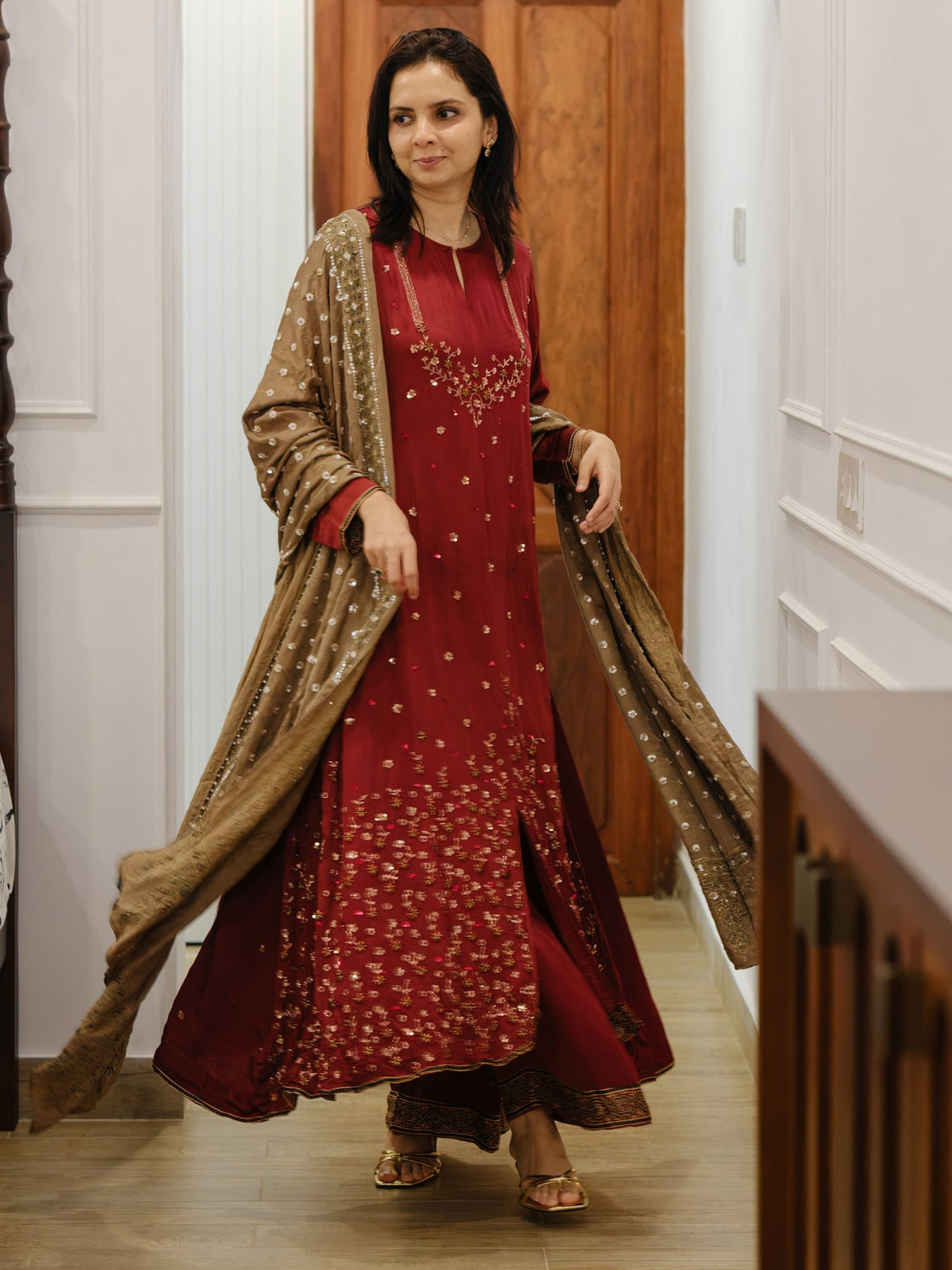 Ajrakh hand dyed hand block printed modal silk panel cut salwar set with cut bead handwork