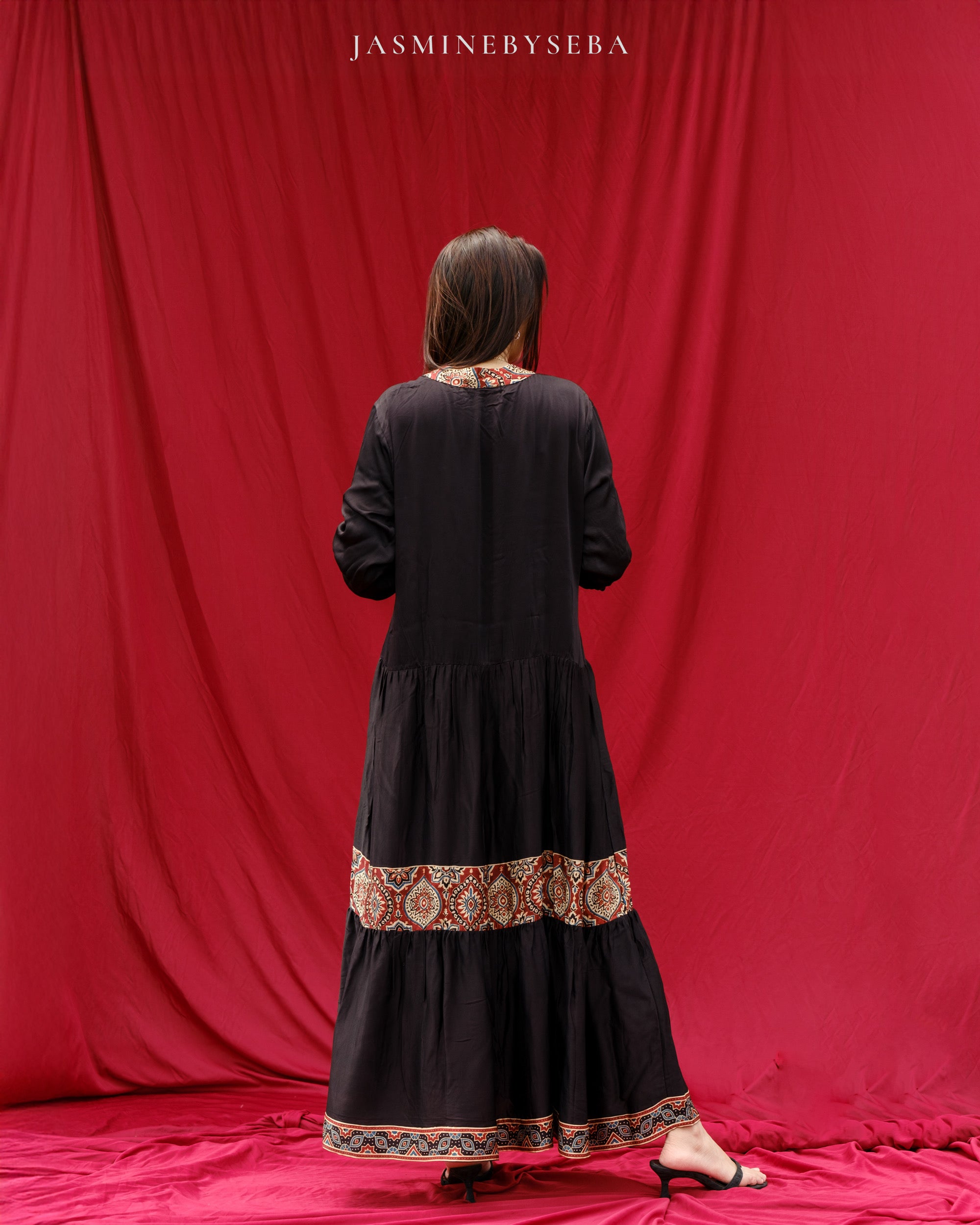 Ajrakh hand dyed hand block printed modal silk maxi dress