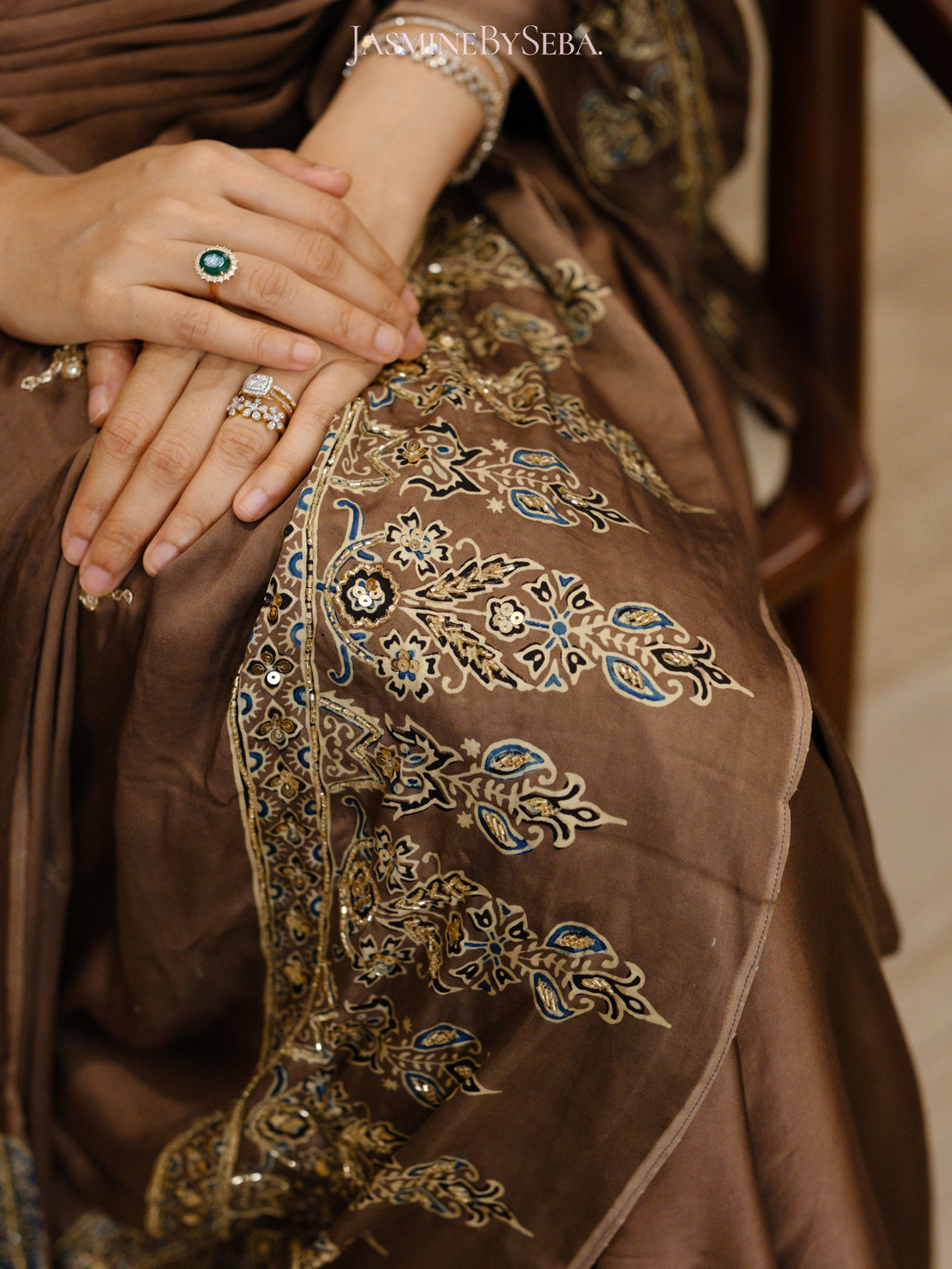 Bespoke ‘Jasmine’ hand printed
Ajrakh pure modal silk hand dyed, hand block printed and handworked saree