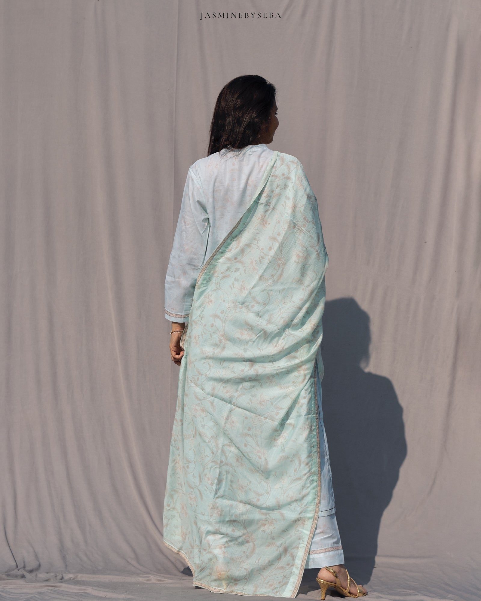 Jasmine in-house printed straight cut set in cotton lawn with modal silk dupatta